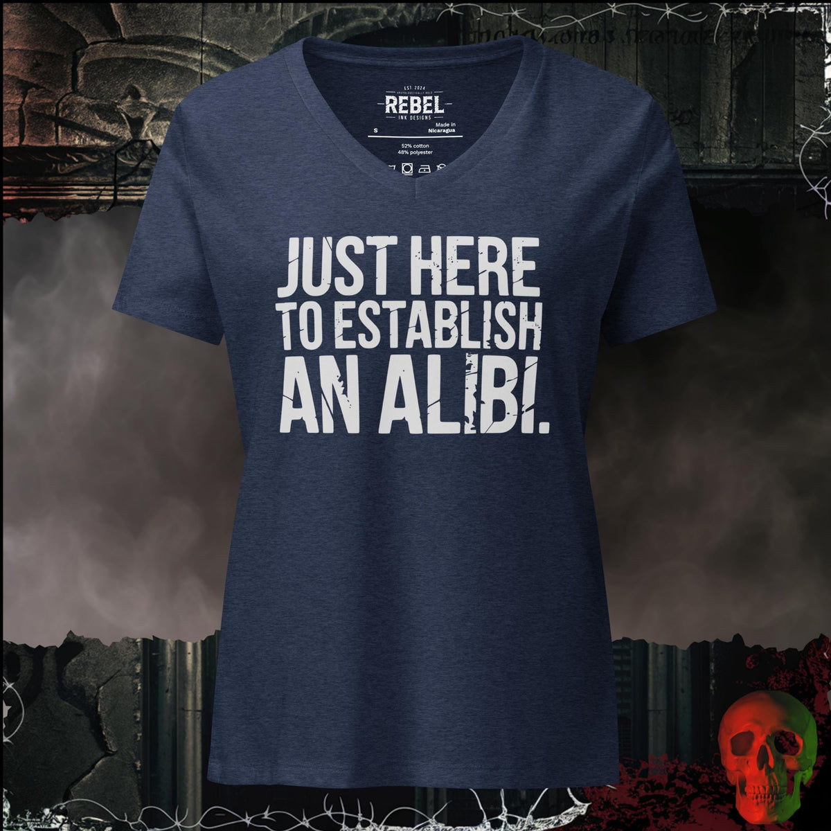V-Neck Heather Navy / S Just Here to Establish an Alibi Women's V-Neck Tee | Rebel Ink Designs
