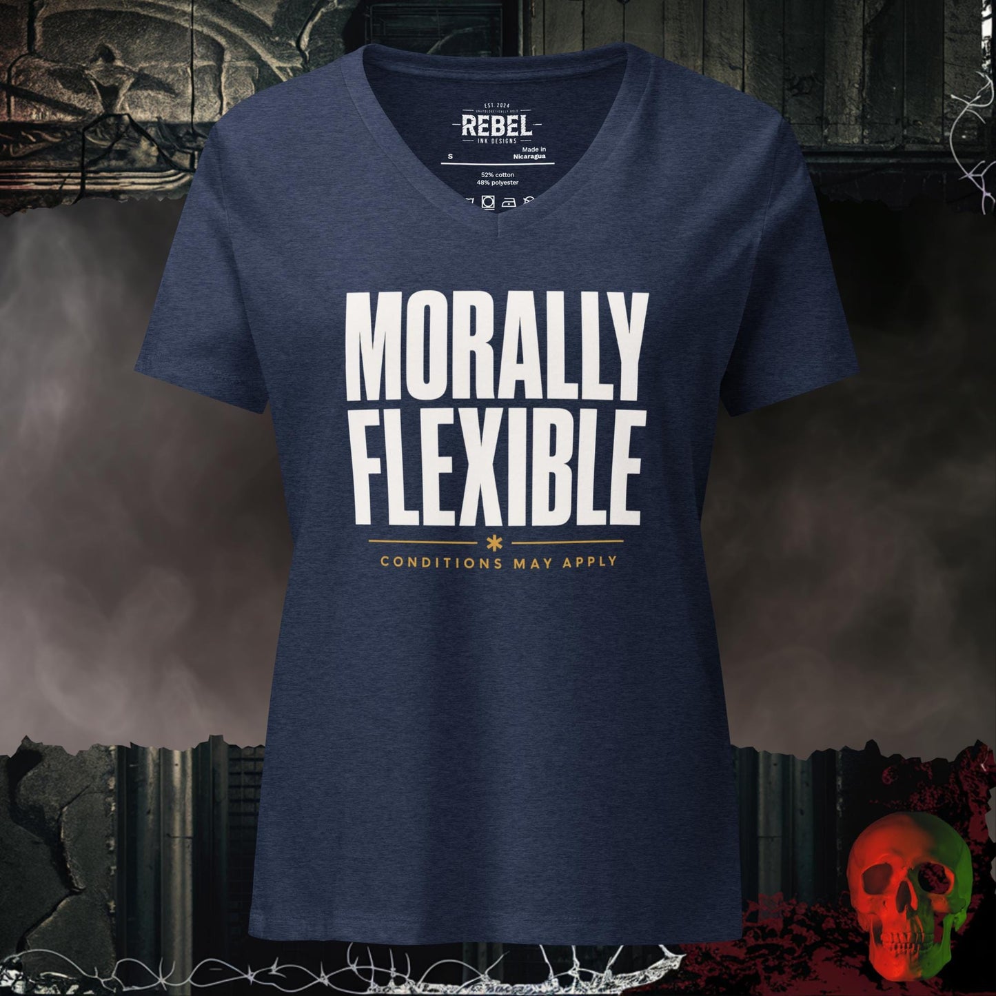 V-Neck Heather Navy / S Morally Flexible V-Neck Bold Funny Statement Tee