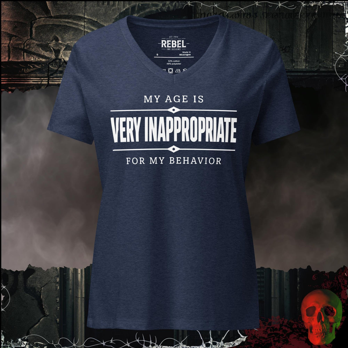 V-Neck Heather Navy / S My Age Is Very Inappropriate for My Behavior Women's V-Neck Tee | Rebel Ink Designs