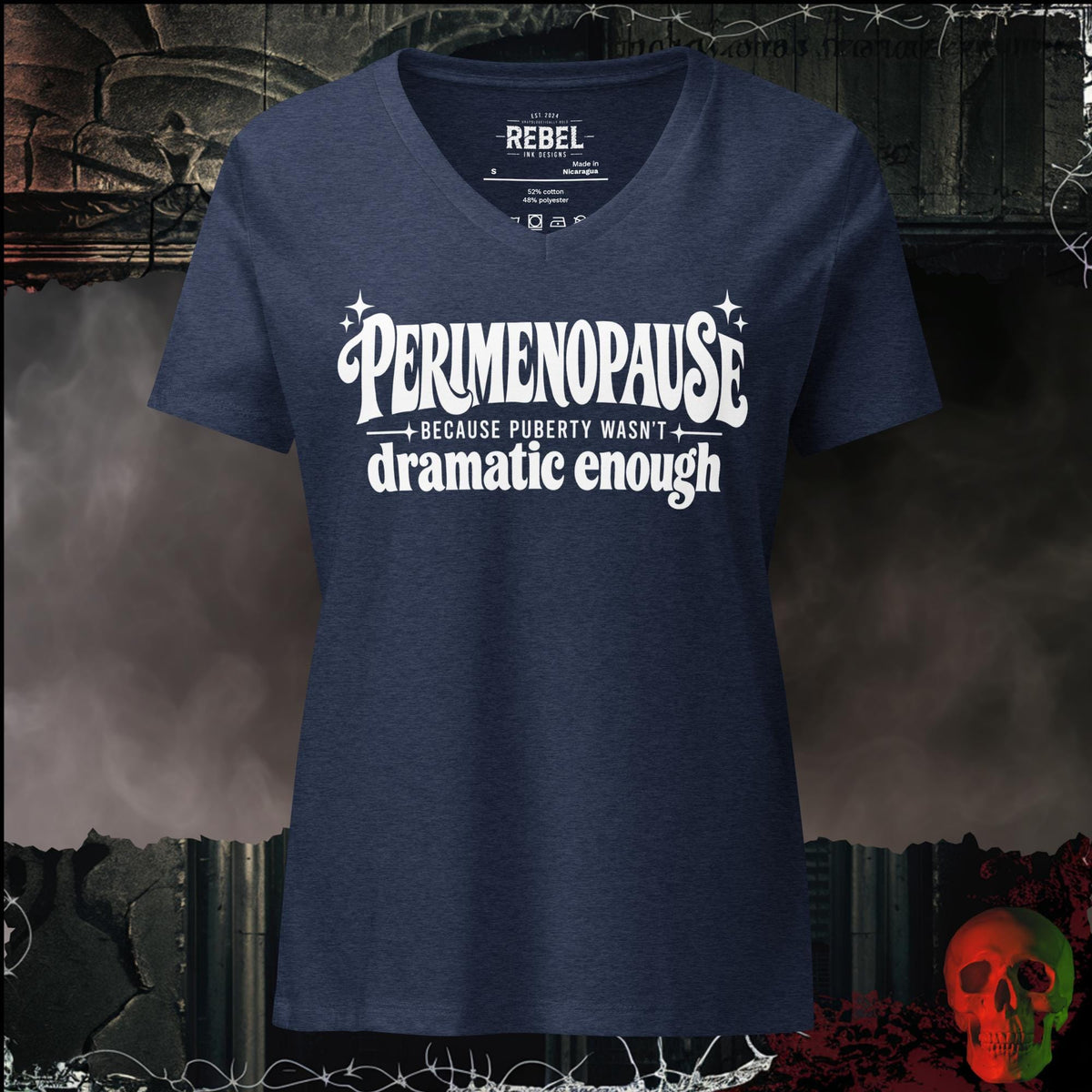 V-Neck Heather Navy / S Perimenopause, Because Puberty Wasn't Dramatic Enough Women's V-Neck Tee | Rebel Ink Designs