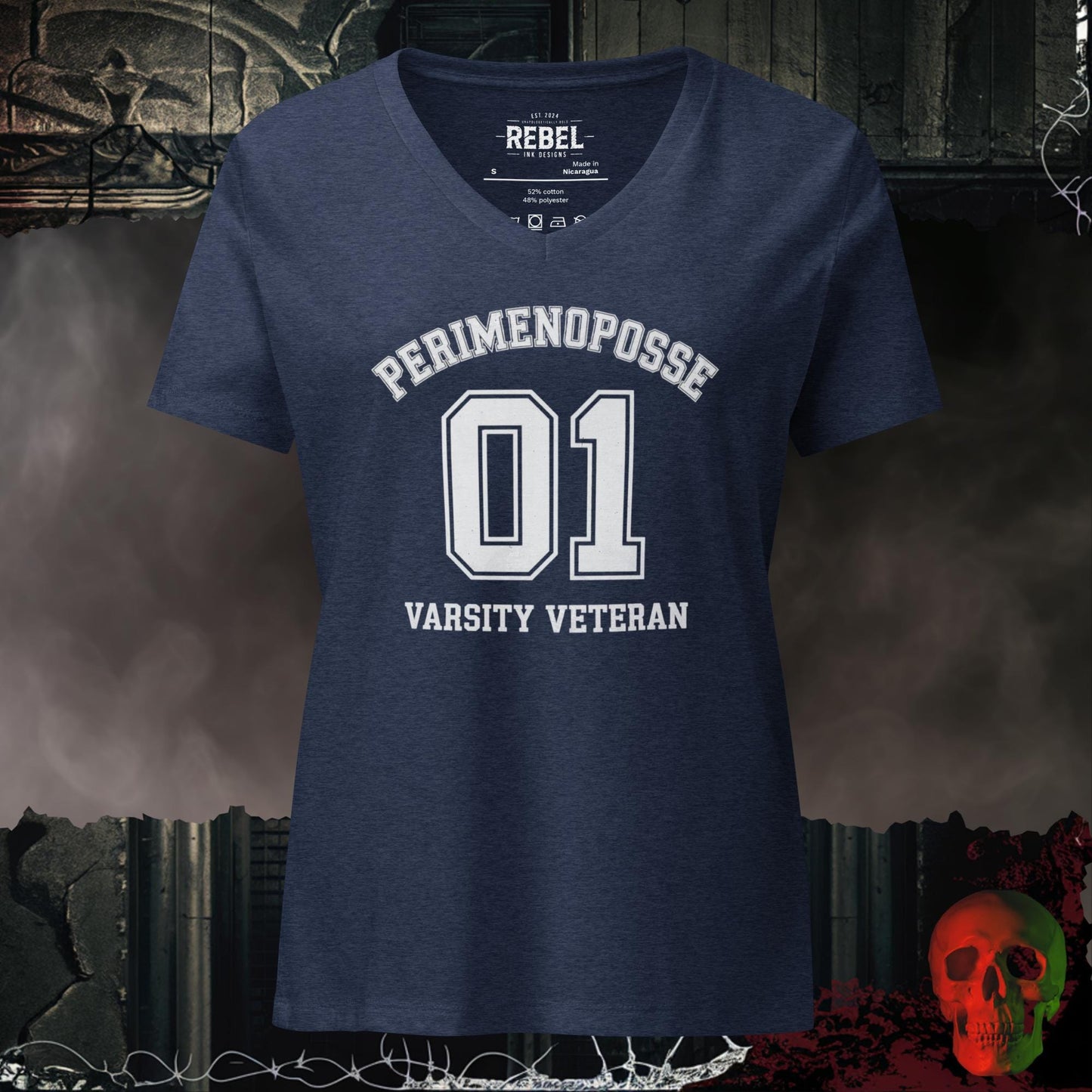 V-Neck Heather Navy / S Perimenoposse Varsity Veteran Relaxed Fit V-Neck