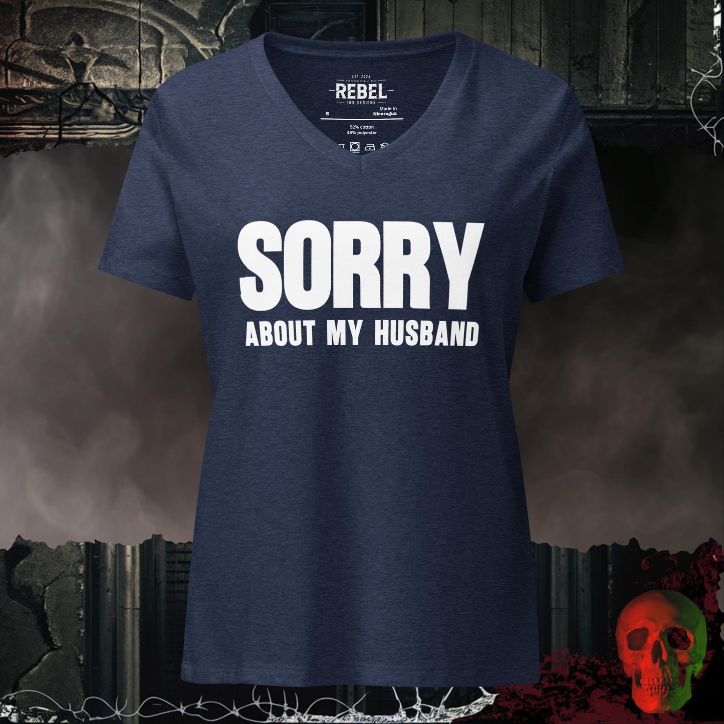 V-Neck Heather Navy / S Sorry About My Husband V Neck Graphic Tee Funny Statement Shirt
