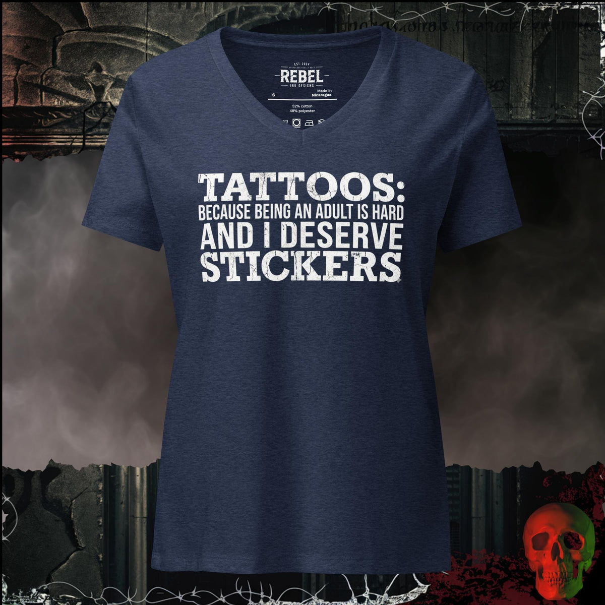 V-Neck Heather Navy / S Tattoos Are Just Stickers V-Neck Tee | Rebel Ink Designs