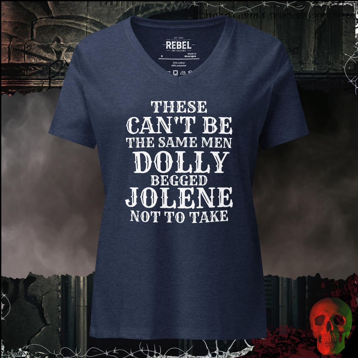 V-Neck Heather Navy / S These Can't Be the Same Men Dolly Begged Jolene Not to Take Women's V-Neck Tee | Rebel Ink Designs