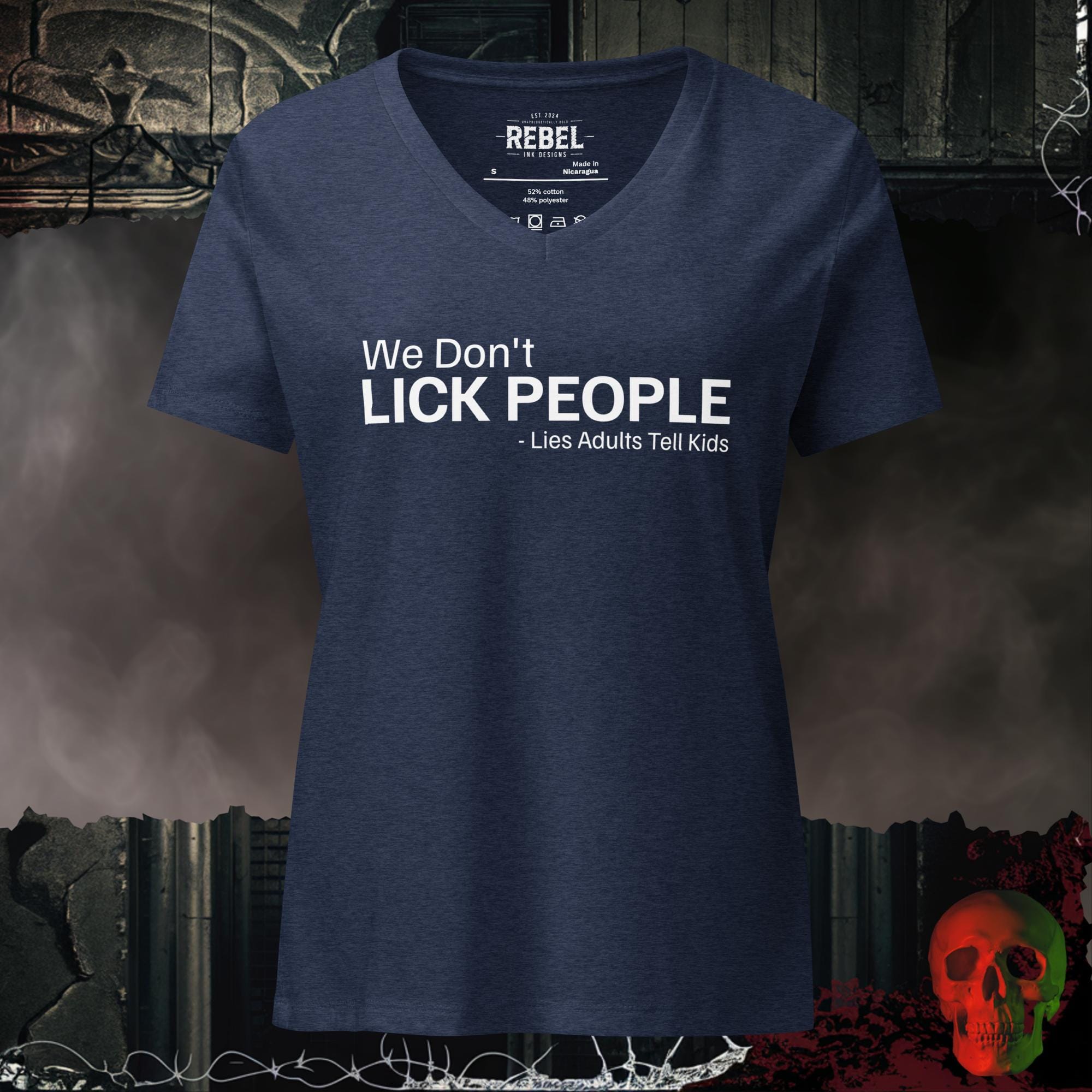 V-Neck Heather Navy / S We Don't Lick People V-Neck Tee | Rebel Ink Designs