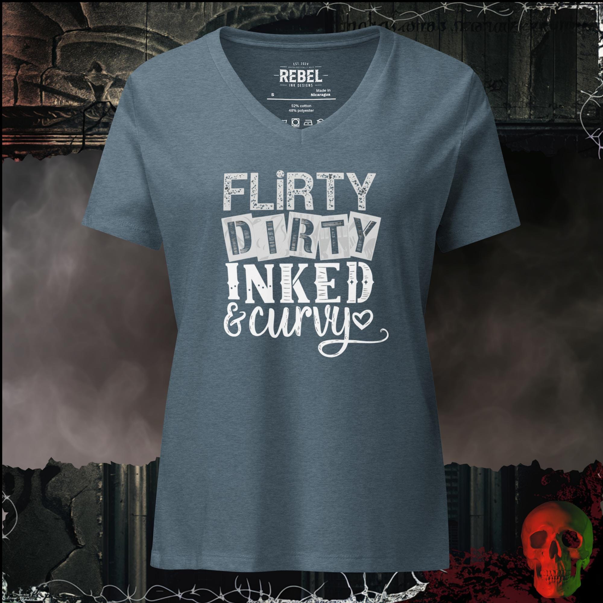 V-Neck Heather Slate / S Flirty, Dirty, Inked & Curvy Women's V-Neck Tee | Rebel Ink Designs