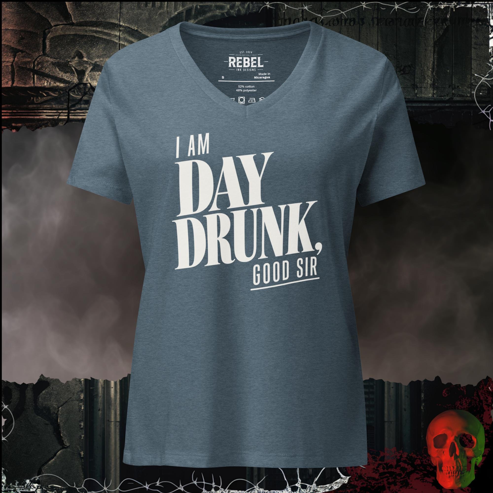 V-Neck Heather Slate / S I Am Day Drunk, Good Sir Women's V-Neck Tee | Rebel Ink Designs