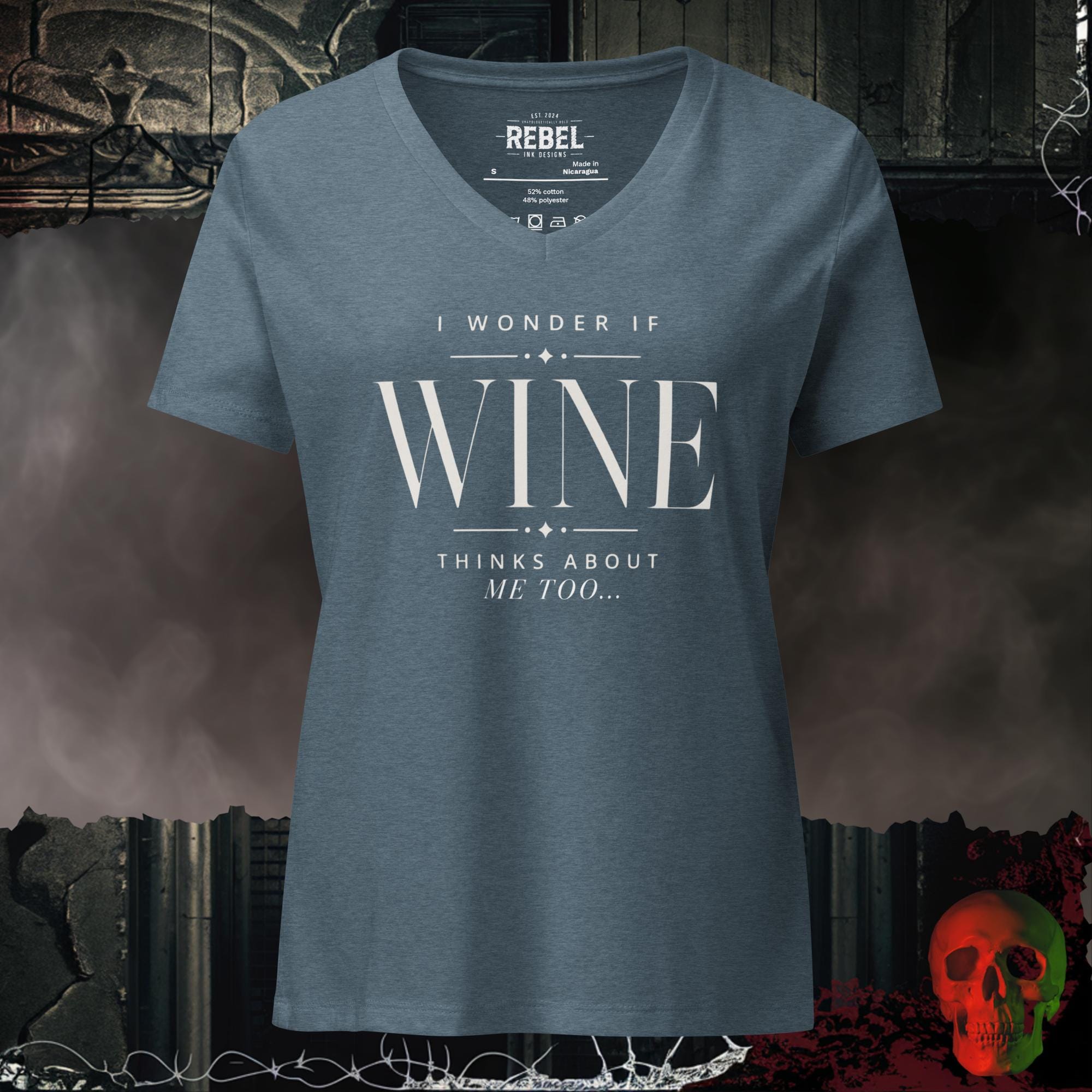 V-Neck Heather Slate / S I Wonder If Wine Thinks About Me Too Women's V-Neck Tee | Rebel Ink Designs