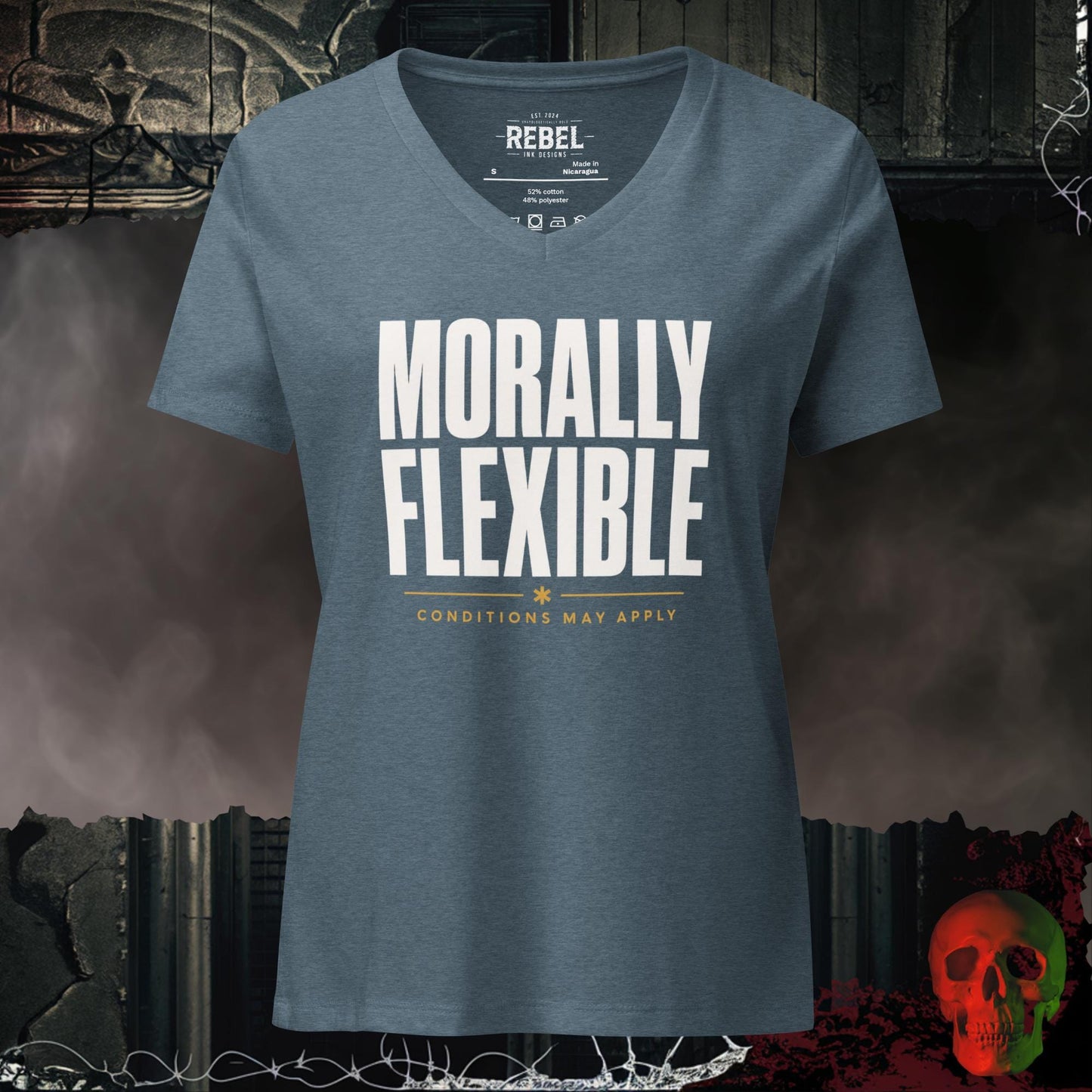 V-Neck Heather Slate / S Morally Flexible V-Neck Bold Funny Statement Tee