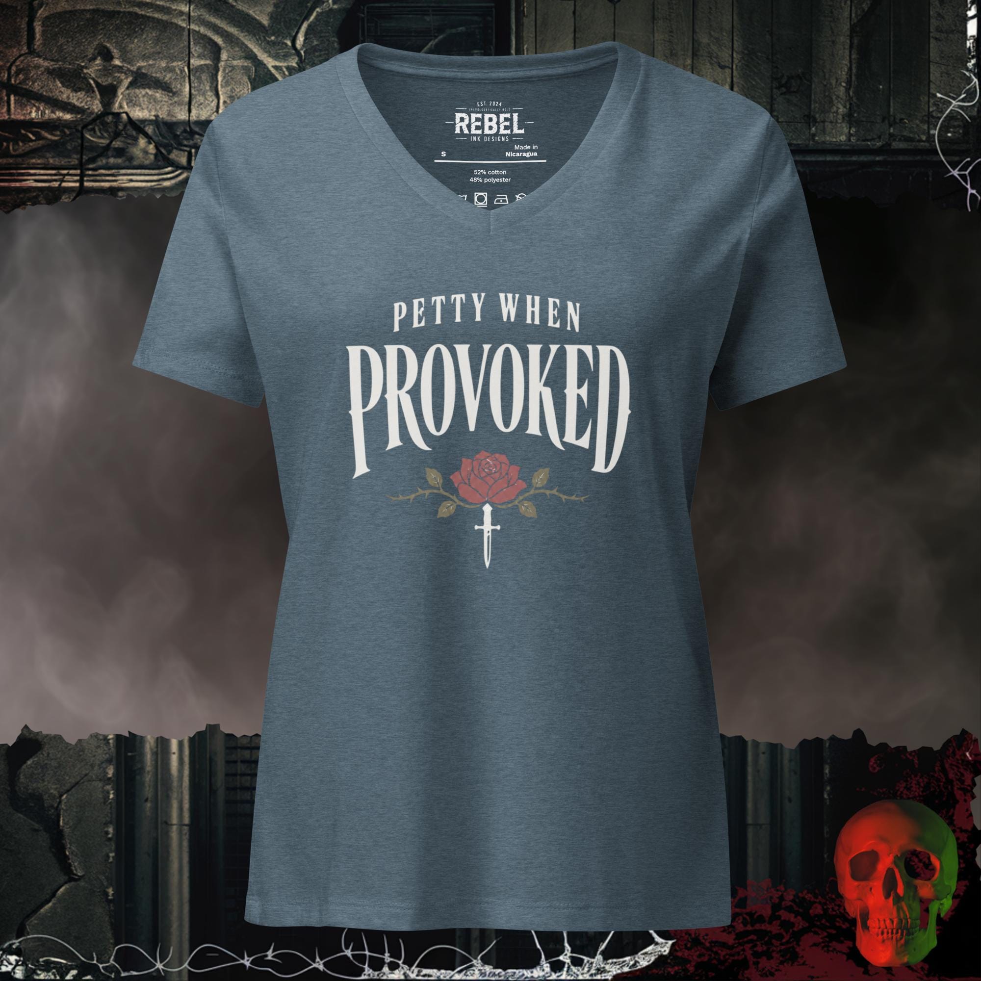 V-Neck Heather Slate / S Petty When Provoked Women's V-Neck Tee | Rebel Ink Designs