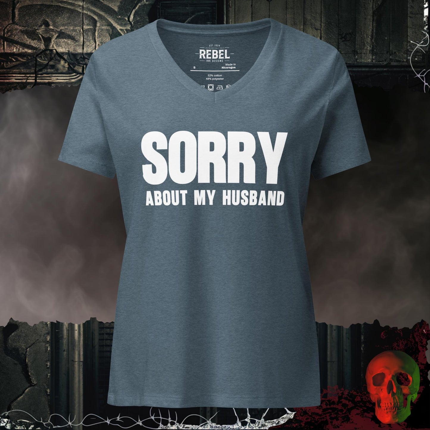 V-Neck Heather Slate / S Sorry About My Husband V Neck Graphic Tee Funny Statement Shirt