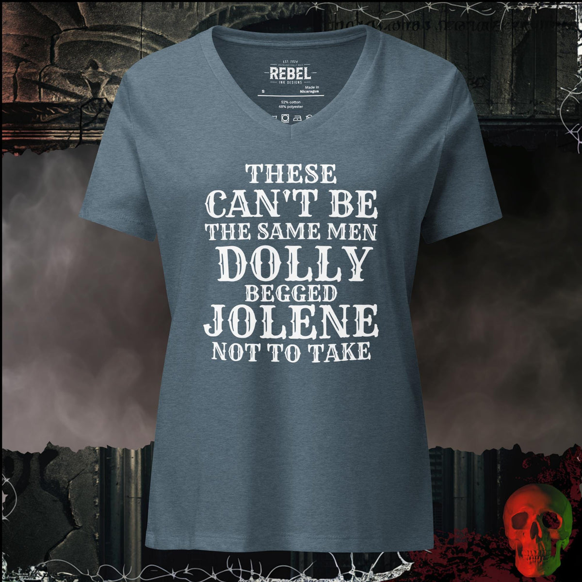V-Neck Heather Slate / S These Can't Be the Same Men Dolly Begged Jolene Not to Take Women's V-Neck Tee | Rebel Ink Designs