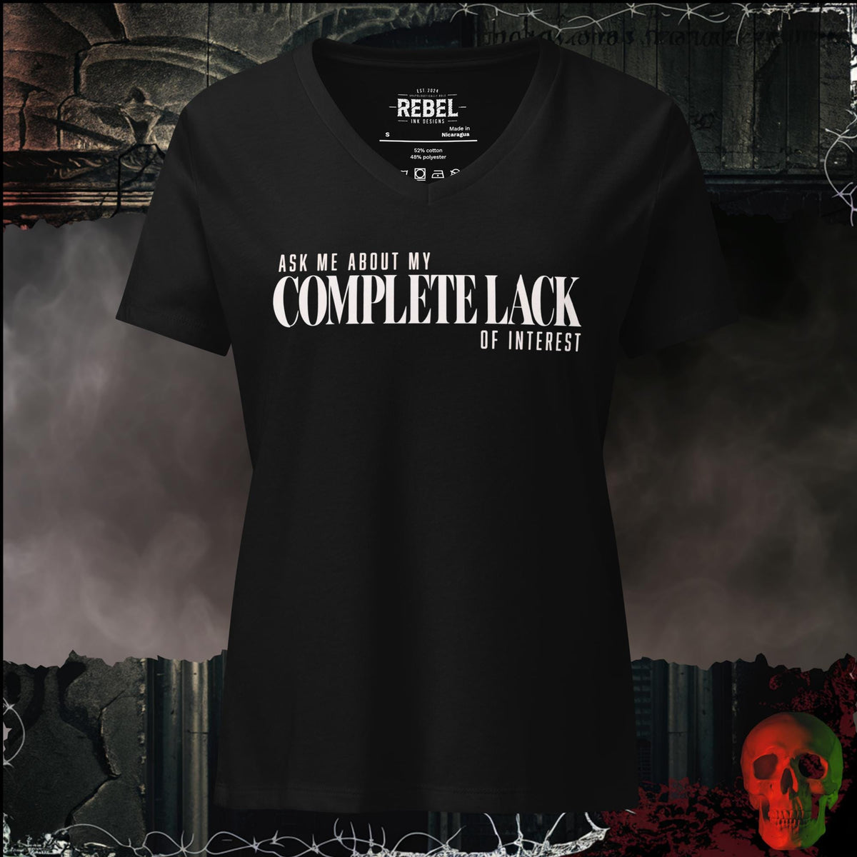 V-Neck Solid Black Blend / S Ask Me About My Complete Lack of Interest Women's V-Neck Tee | Rebel Ink Designs