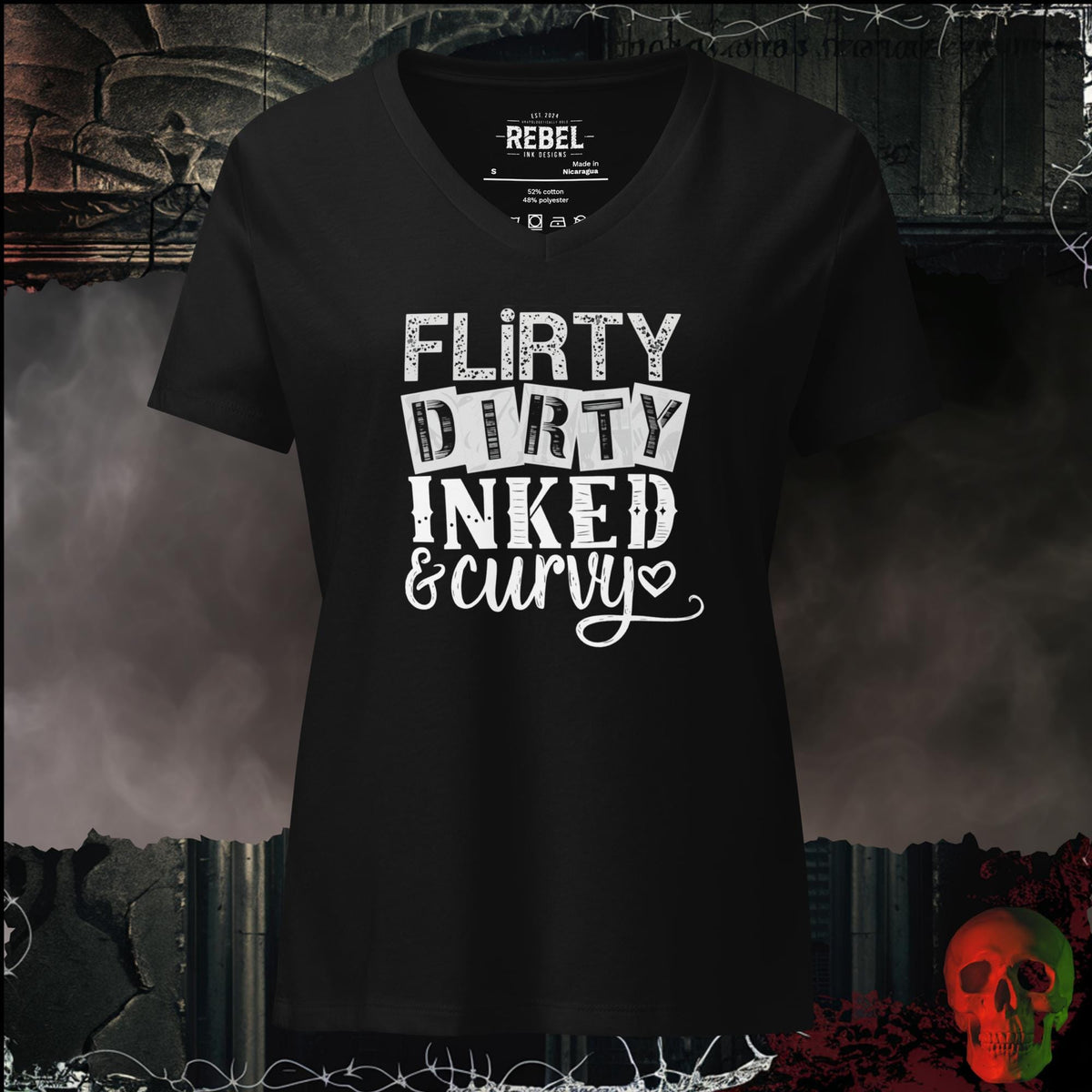 V-Neck Solid Black Blend / S Flirty, Dirty, Inked & Curvy Women's V-Neck Tee | Rebel Ink Designs