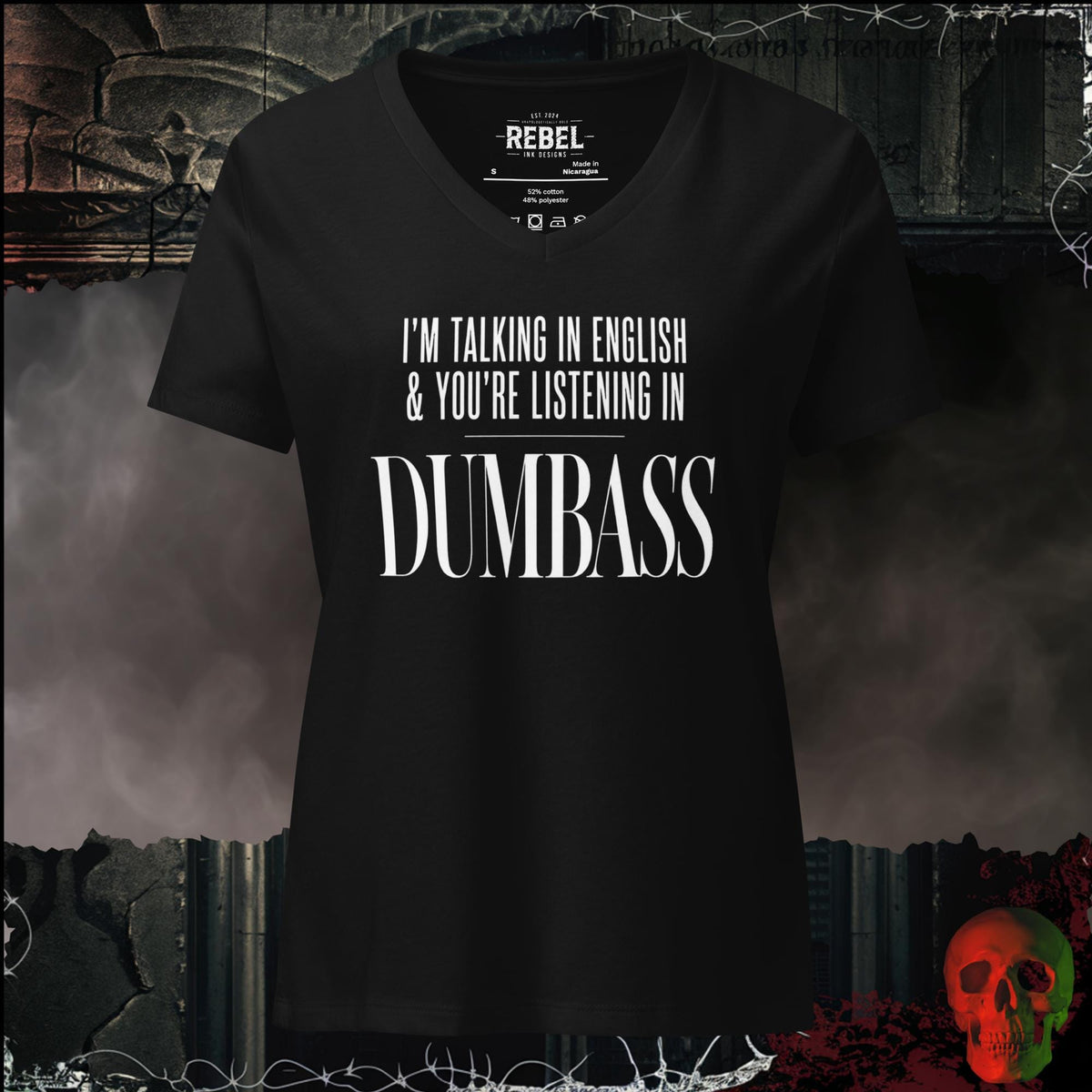 V-Neck Solid Black Blend / S I'm Talking In English & You're Listening In Dumbass Women's V-Neck Tee | Rebel Ink Designs
