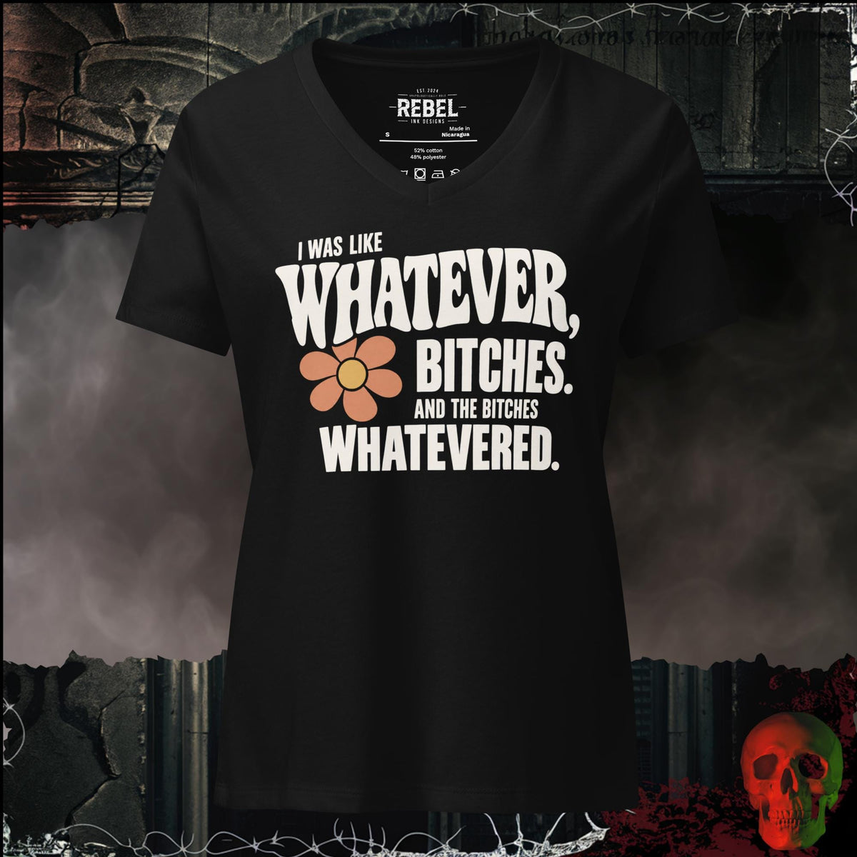 V-Neck Solid Black Blend / S I Was Like Whatever, Bitches. And the Bitches Whatevered Women’s V-Neck Tee | Rebel Ink Designs