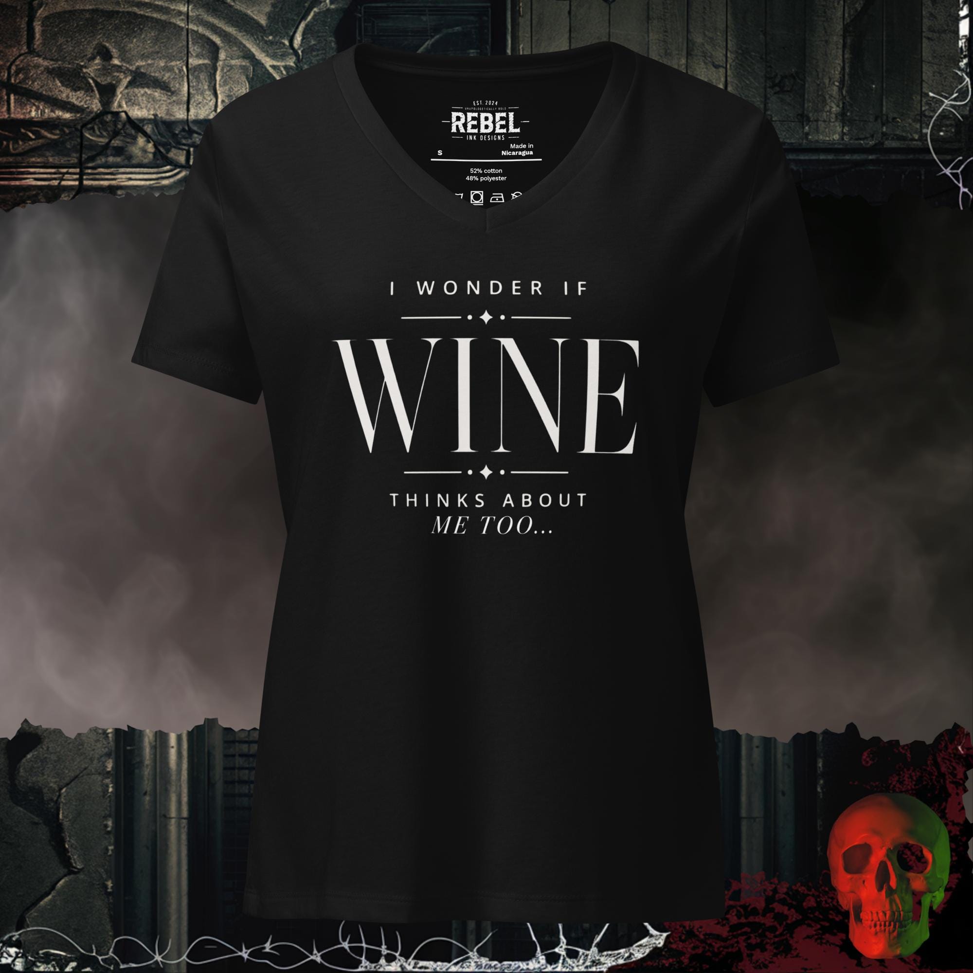 V-Neck Solid Black Blend / S I Wonder If Wine Thinks About Me Too Women's V-Neck Tee | Rebel Ink Designs