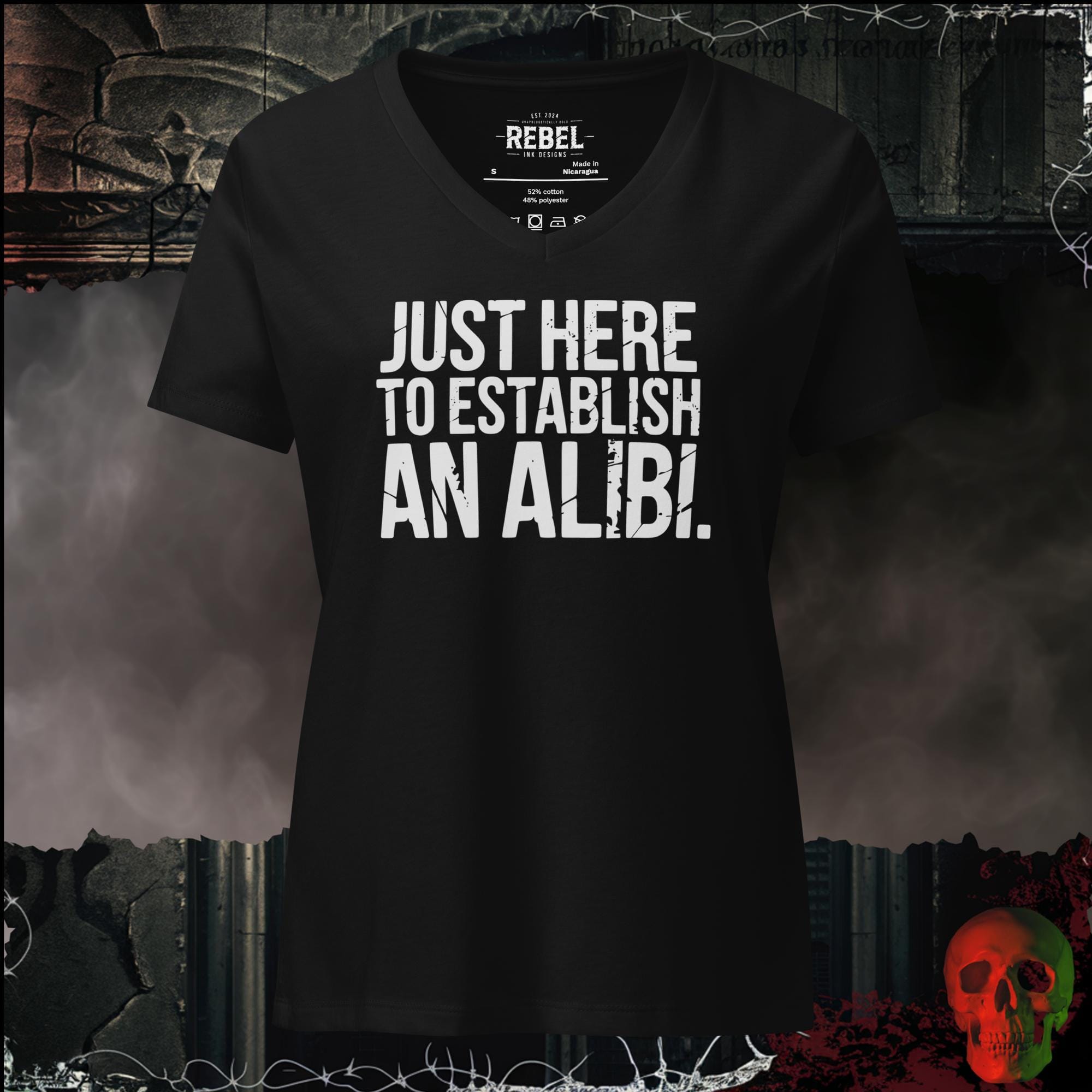 V-Neck Solid Black Blend / S Just Here to Establish an Alibi Women's V-Neck Tee | Rebel Ink Designs