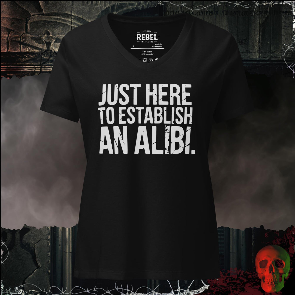 V-Neck Solid Black Blend / S Just Here to Establish an Alibi Women's V-Neck Tee | Rebel Ink Designs