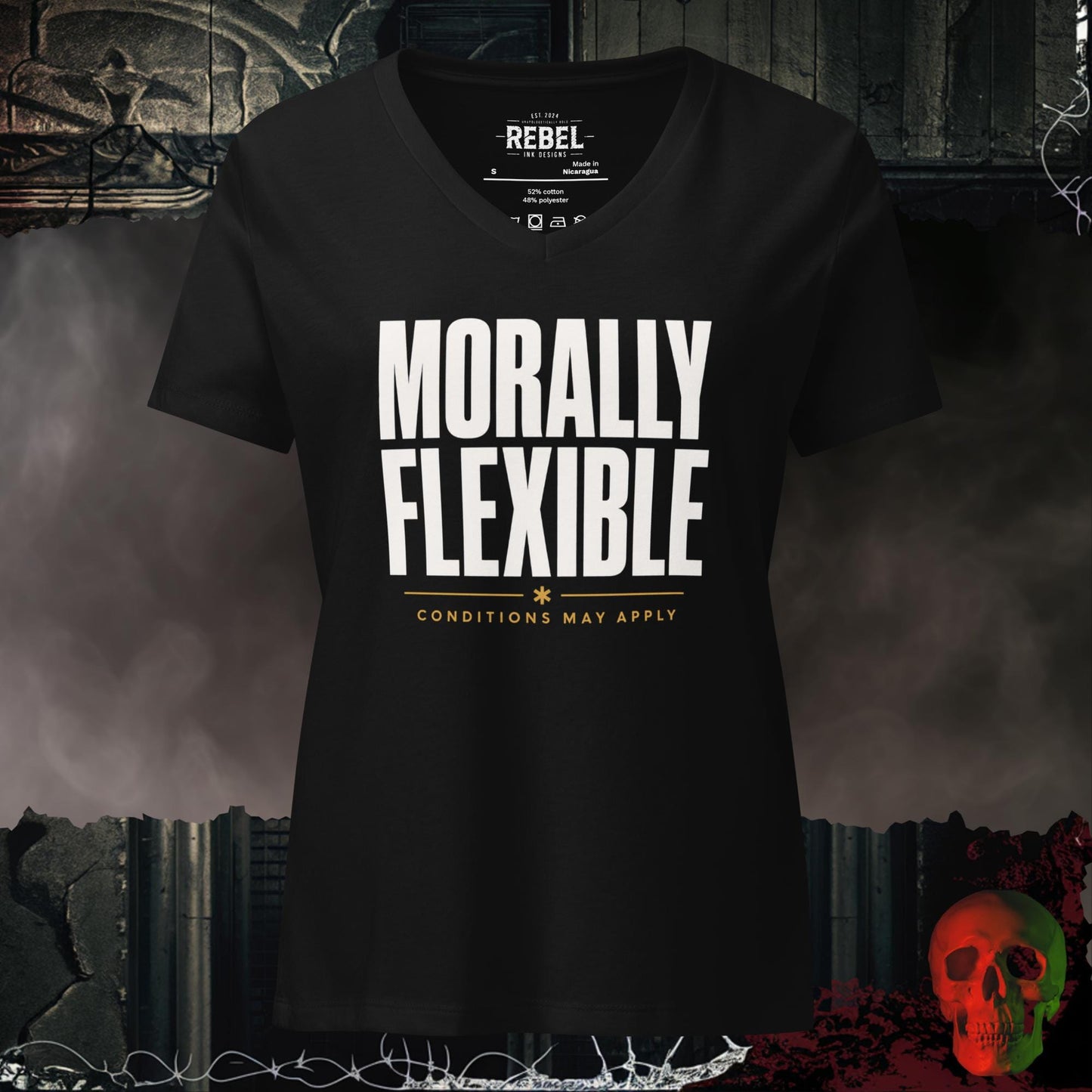 V-Neck Solid Black Blend / S Morally Flexible V-Neck Bold Funny Statement Tee