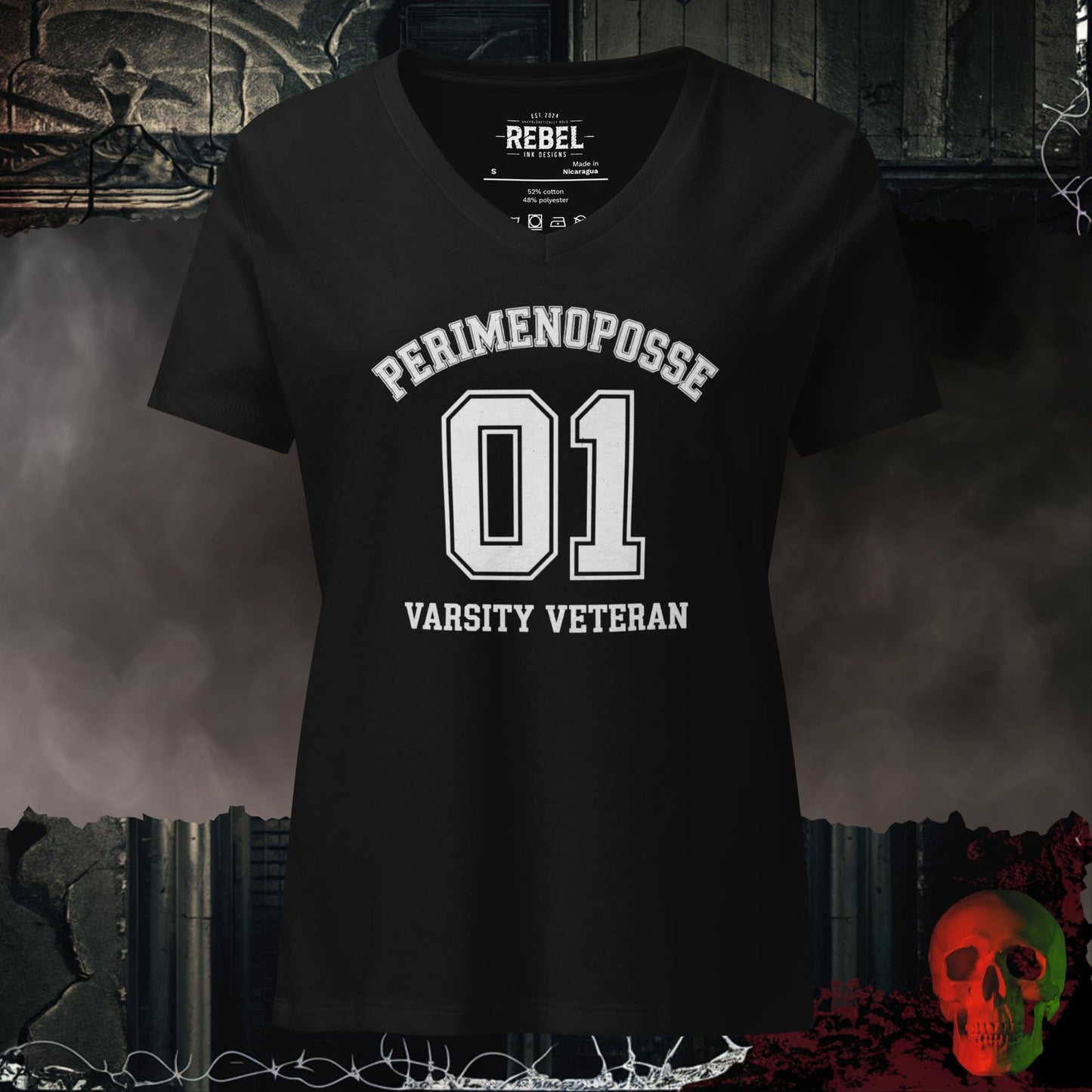 V-Neck Solid Black Blend / S Perimenoposse Varsity Veteran Relaxed Fit V-Neck