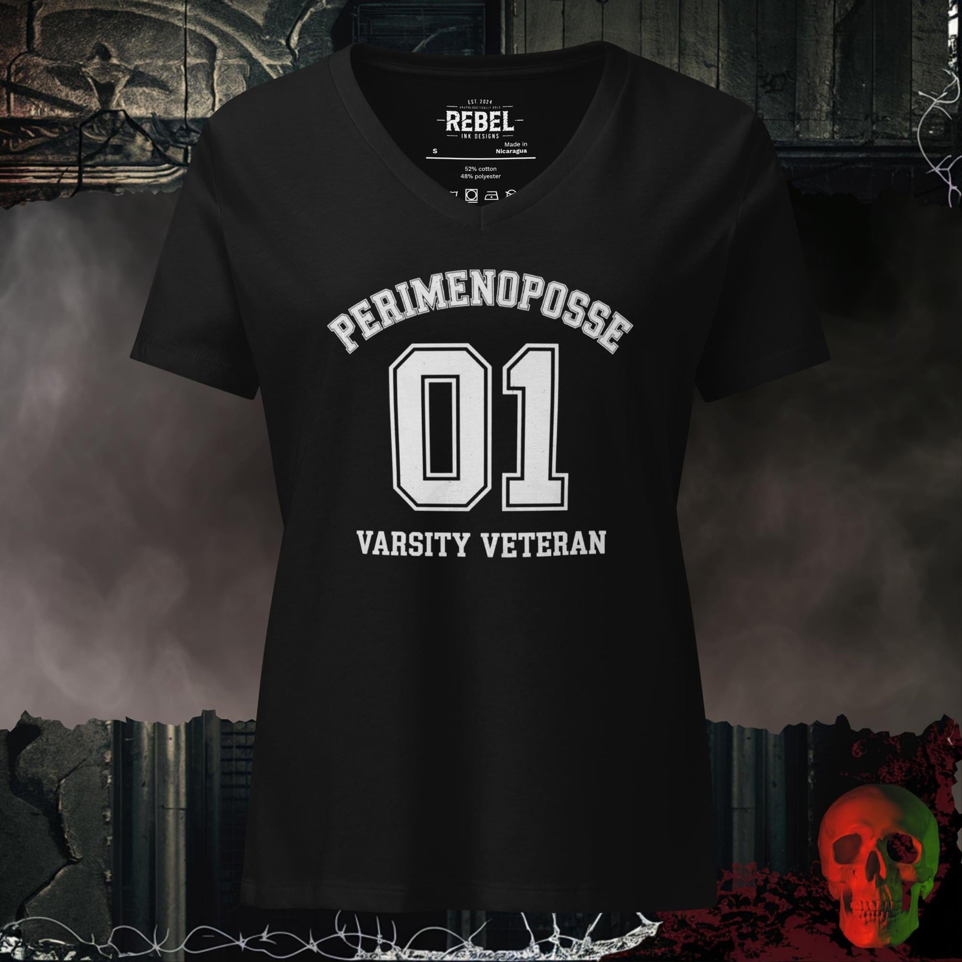 V-Neck Solid Black Blend / S Perimenoposse Varsity Veteran Relaxed Fit V-Neck