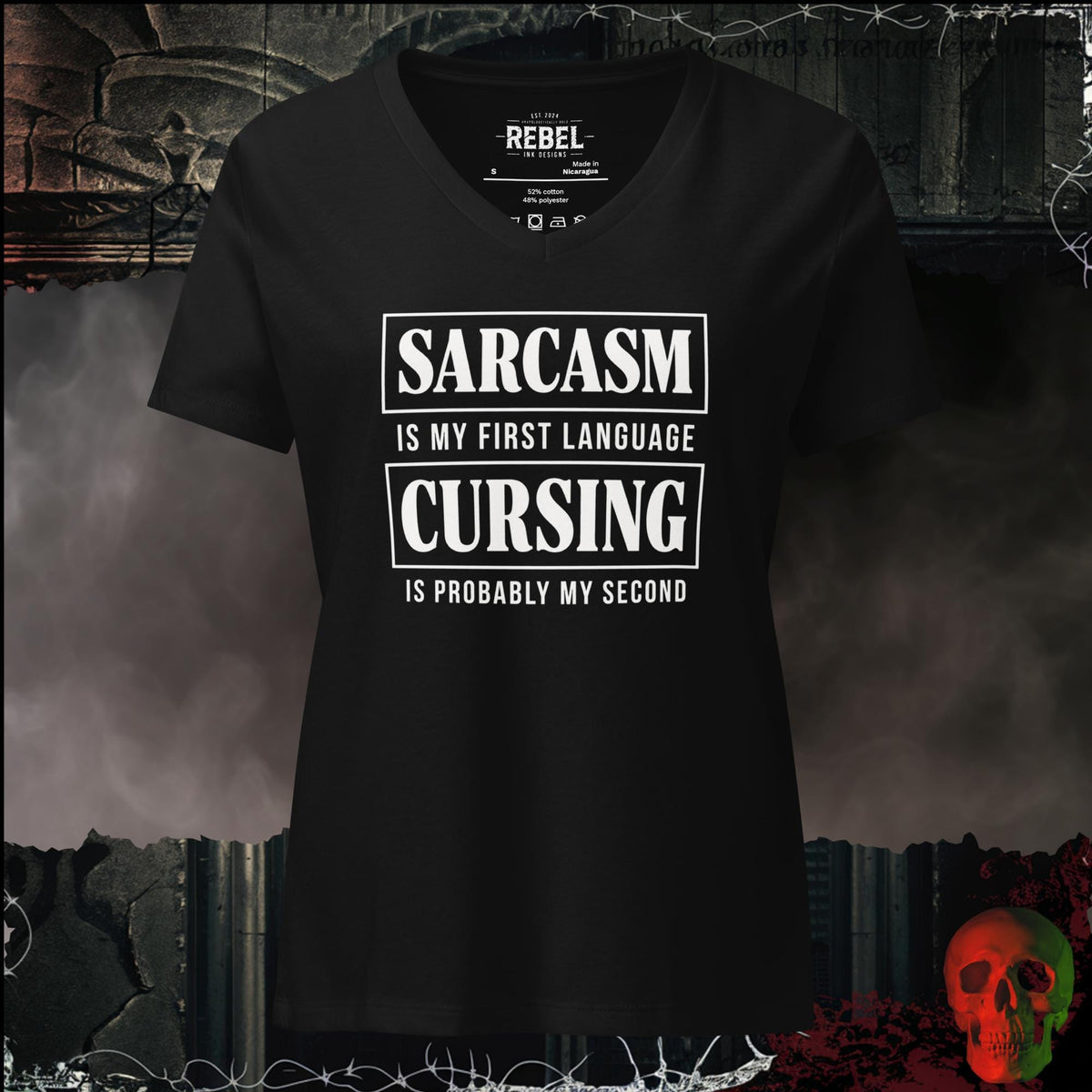 V-Neck Solid Black Blend / S Sarcasm Is My First Language Cursing Is Probably My Second Women's V-Neck Tee | Rebel Ink Designs