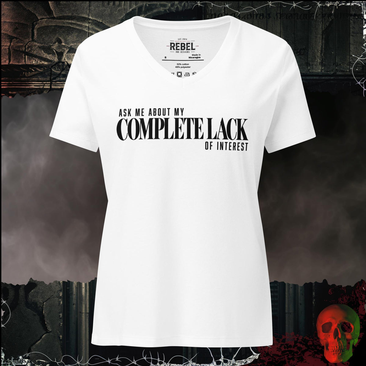 V-Neck Solid White Blend / S Ask Me About My Complete Lack of Interest Women's V-Neck Tee | Rebel Ink Designs