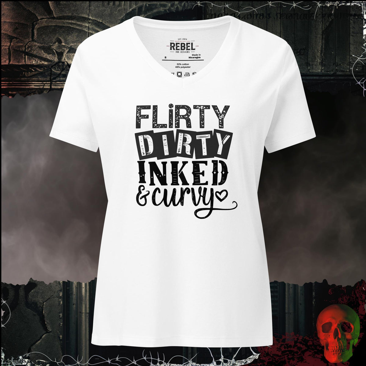 V-Neck Solid White Blend / S Flirty, Dirty, Inked & Curvy Women's V-Neck Tee | Rebel Ink Designs