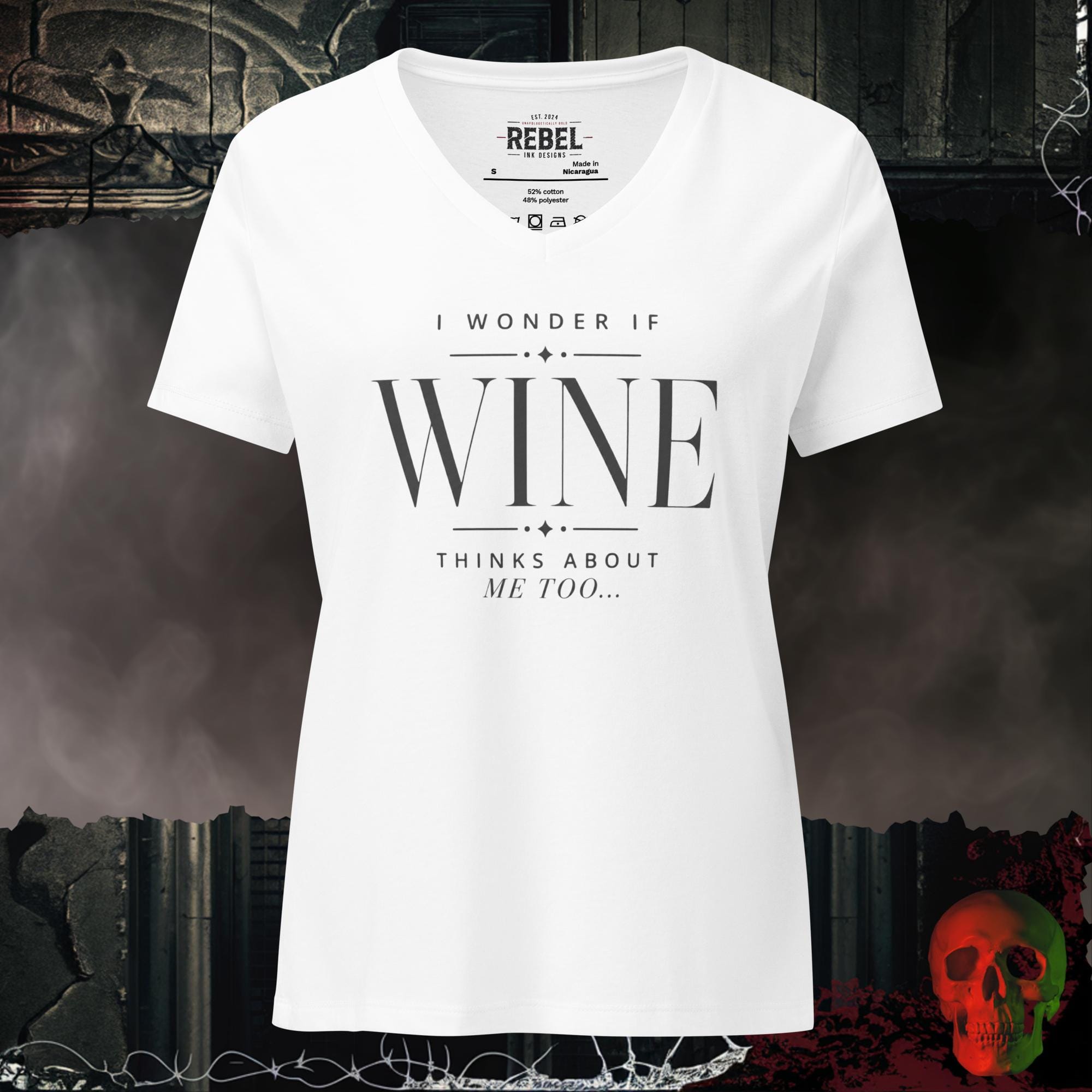 V-Neck Solid White Blend / S I Wonder If Wine Thinks About Me Too Women's V-Neck Tee | Rebel Ink Designs