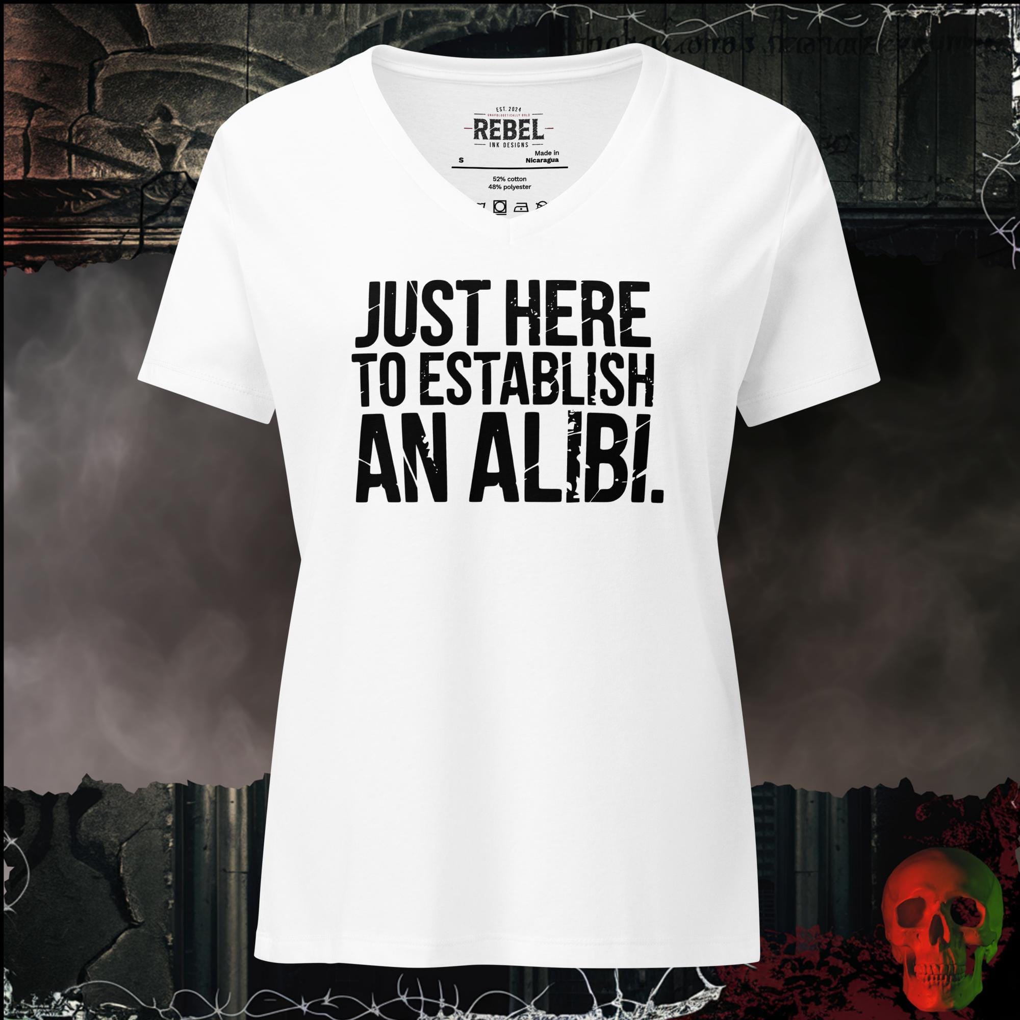 V-Neck Solid White Blend / S Just Here to Establish an Alibi Women's V-Neck Tee | Rebel Ink Designs