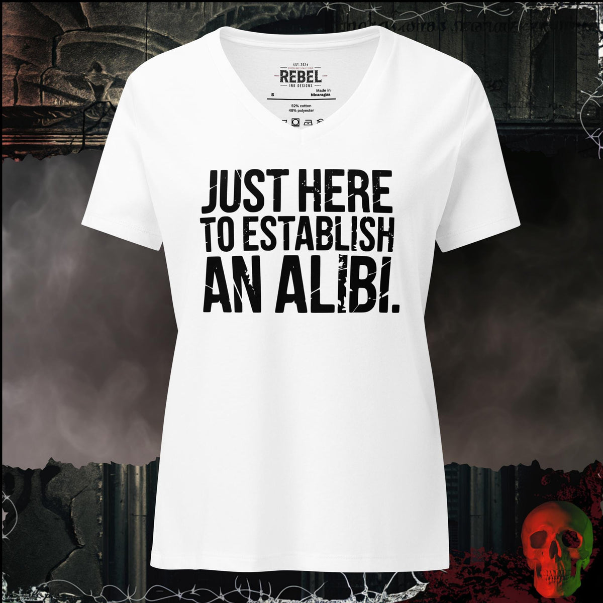 V-Neck Solid White Blend / S Just Here to Establish an Alibi Women's V-Neck Tee | Rebel Ink Designs