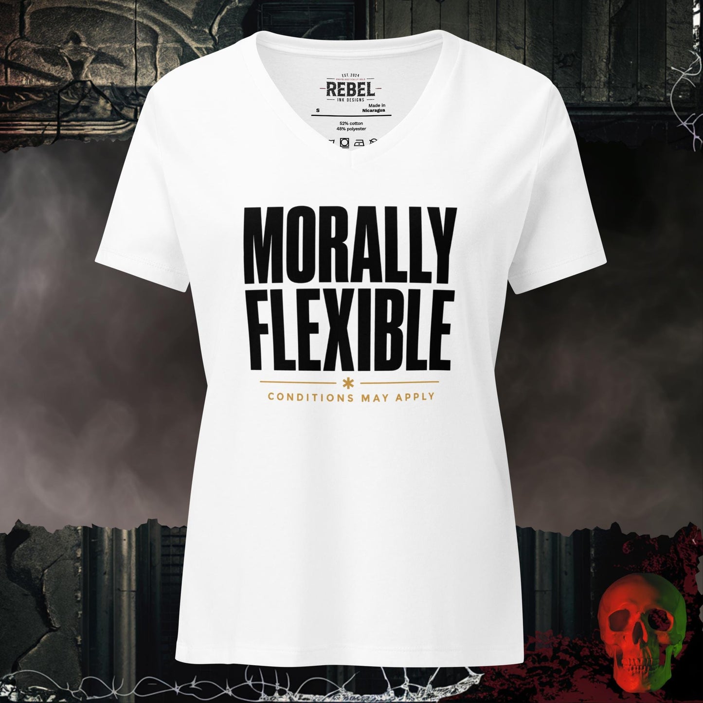 V-Neck Solid White Blend / S Morally Flexible V-Neck Bold Funny Statement Tee