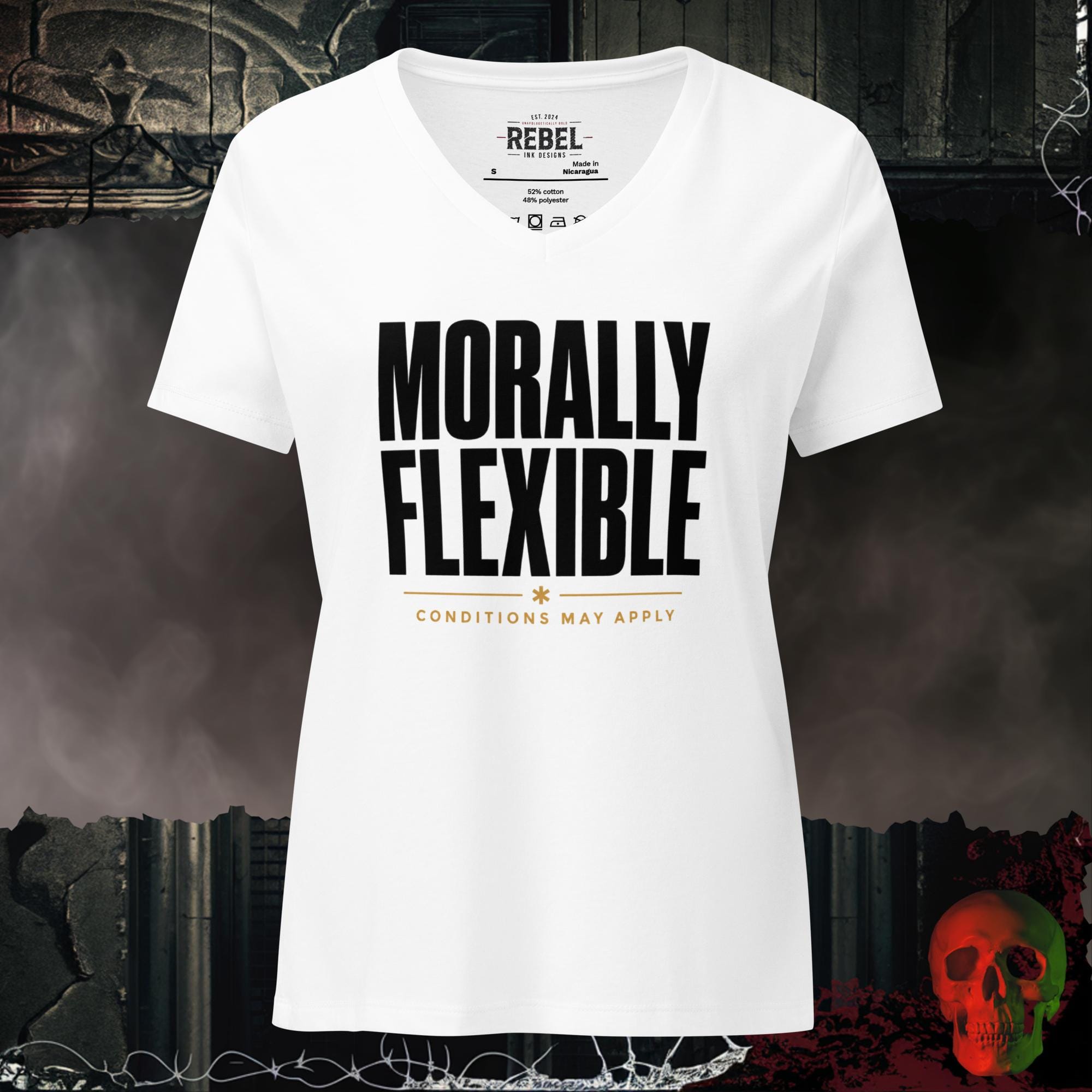 V-Neck Solid White Blend / S Morally Flexible V-Neck Bold Funny Statement Tee