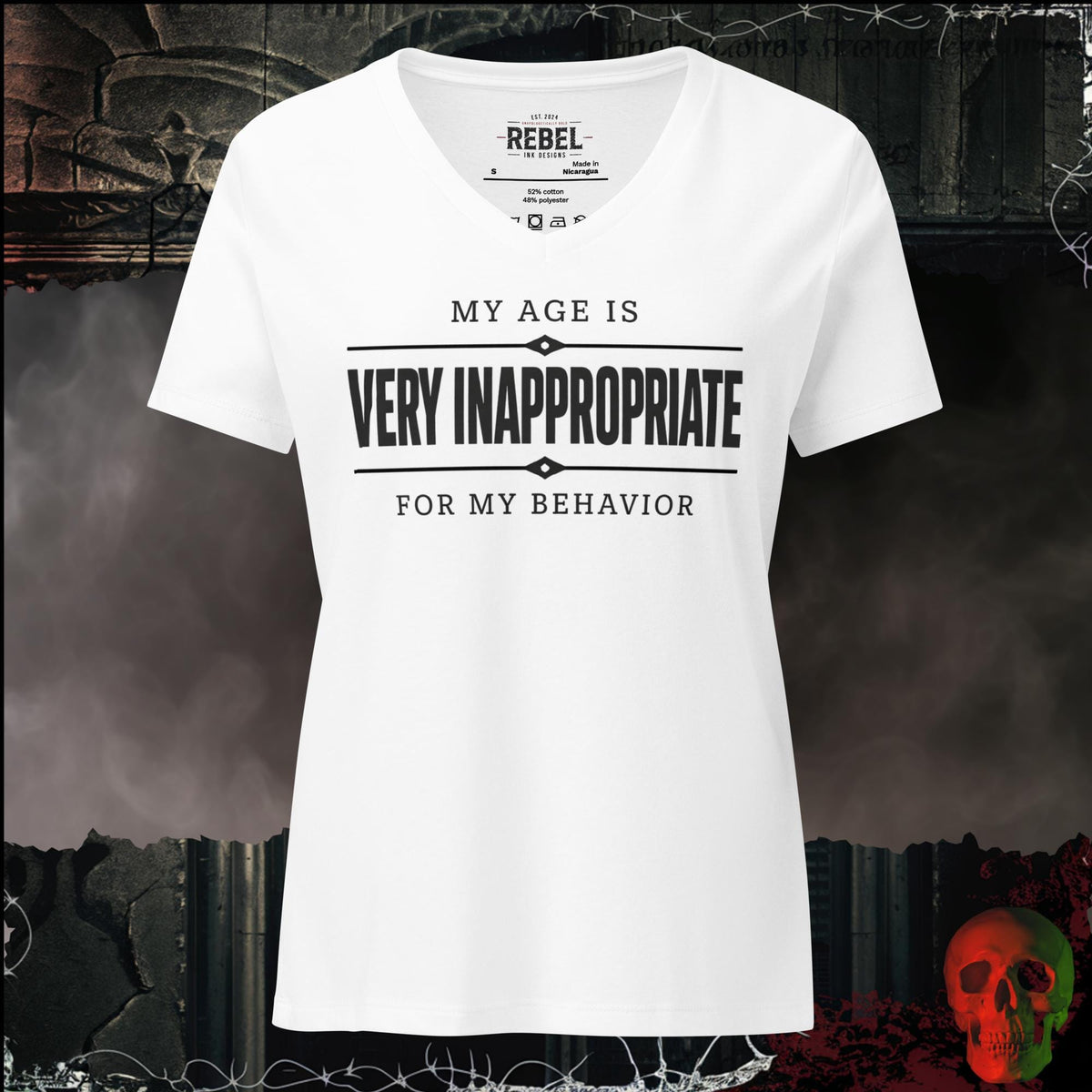 V-Neck Solid White Blend / S My Age Is Very Inappropriate for My Behavior Women's V-Neck Tee | Rebel Ink Designs
