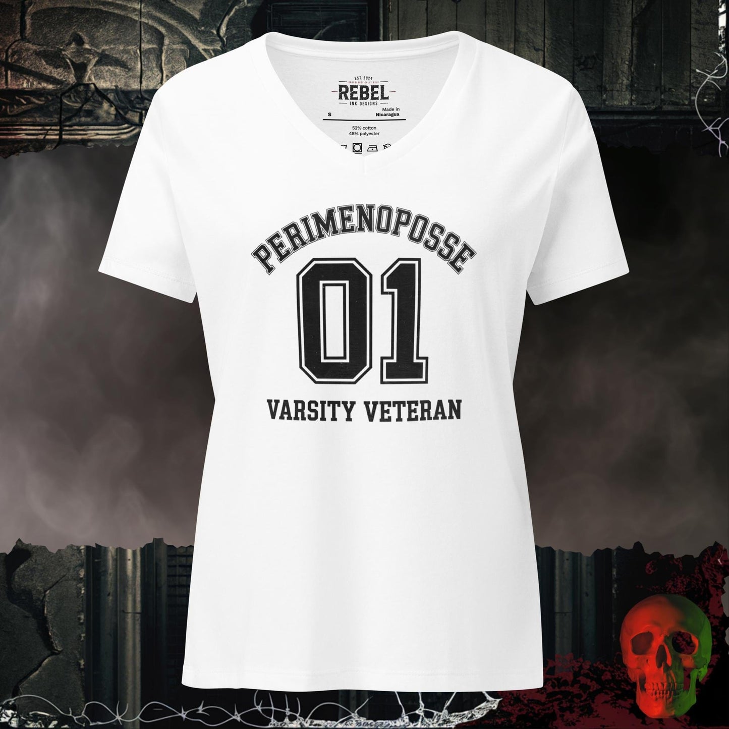 V-Neck Solid White Blend / S Perimenoposse Varsity Veteran Relaxed Fit V-Neck