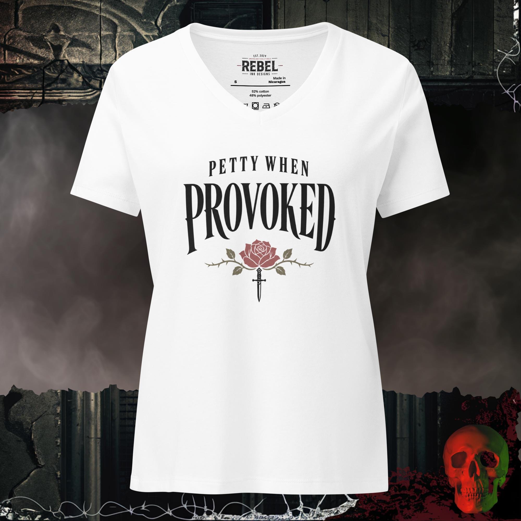 V-Neck Solid White Blend / S Petty When Provoked Women's V-Neck Tee | Rebel Ink Designs