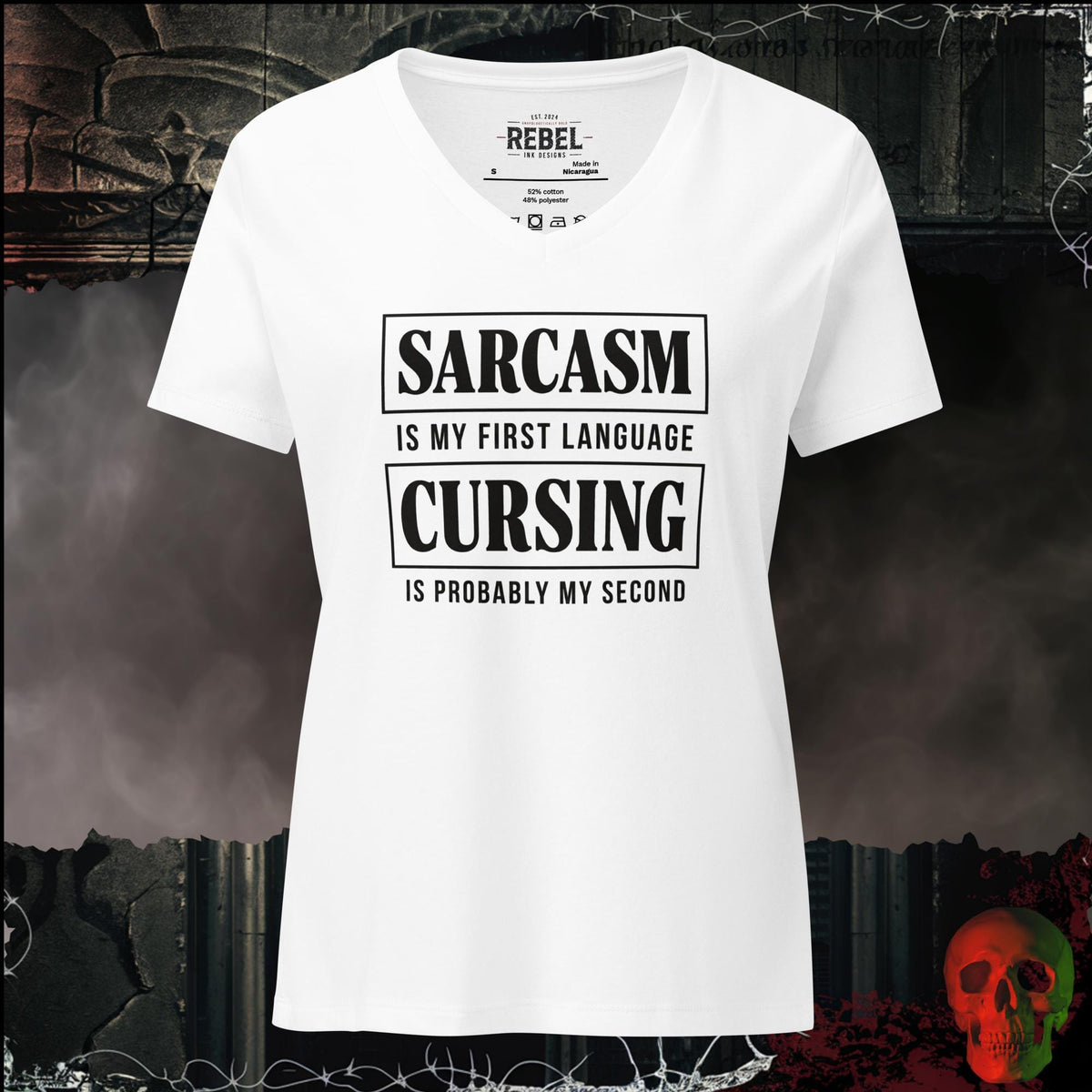 V-Neck Solid White Blend / S Sarcasm Is My First Language Cursing Is Probably My Second Women's V-Neck Tee | Rebel Ink Designs