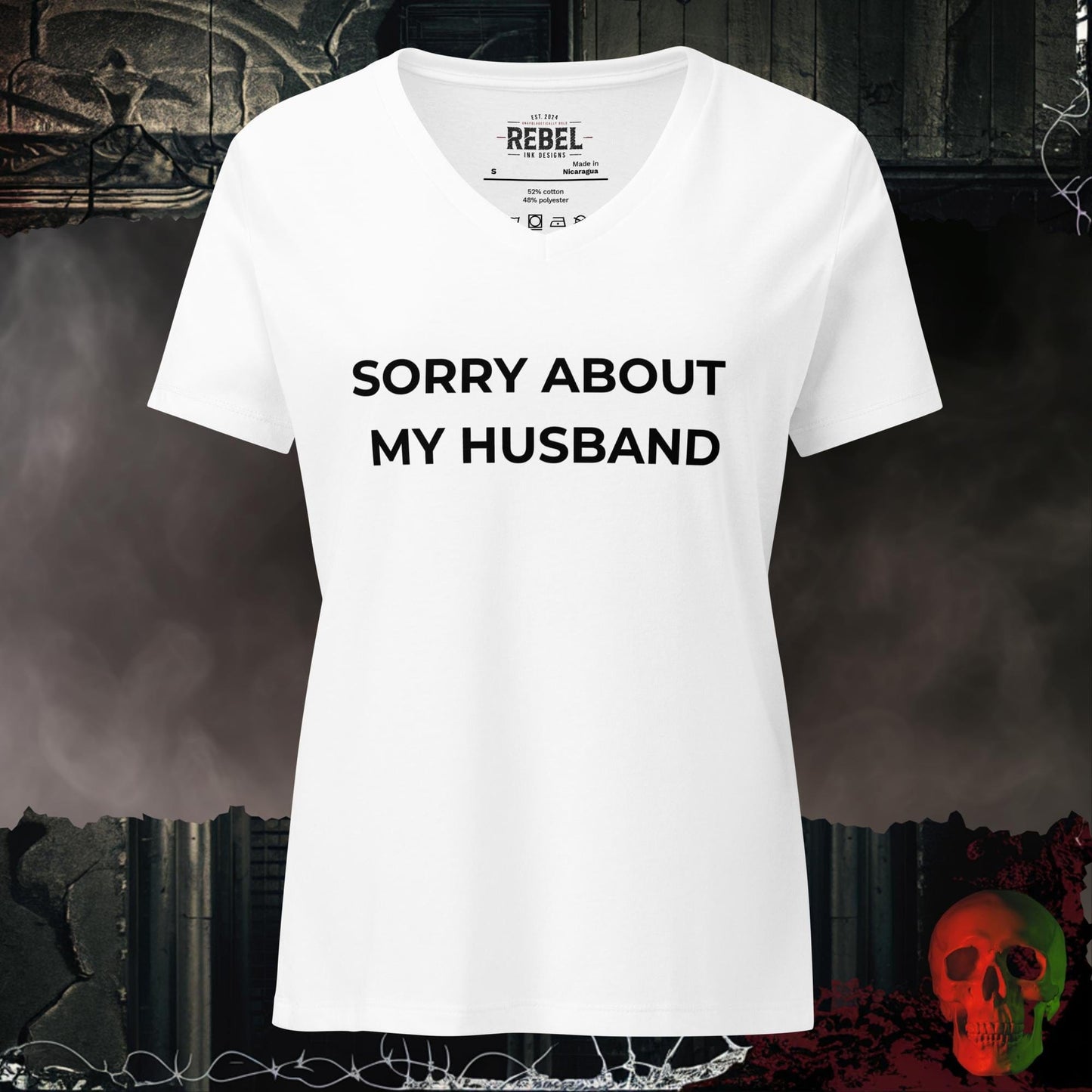 V-Neck Solid White Blend / S Sorry About My Husband Relaxed V-Neck