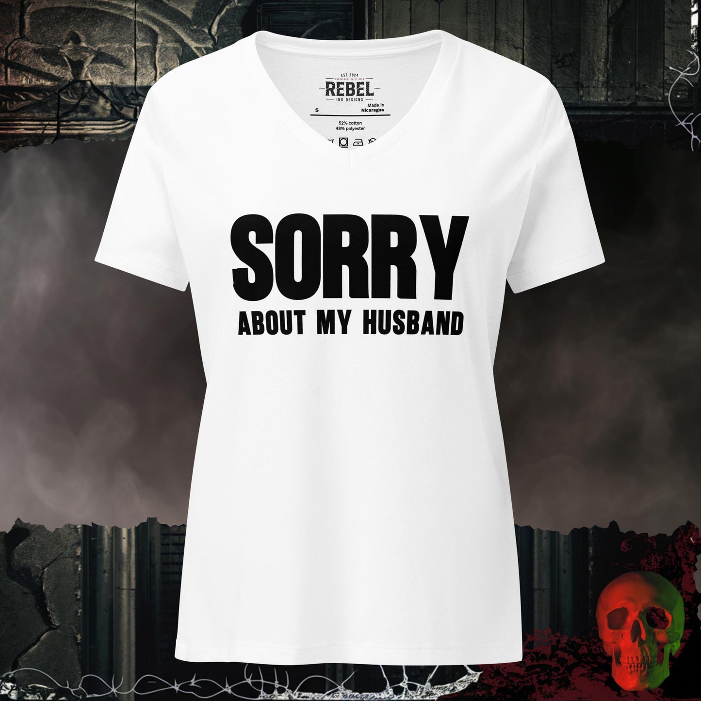 V-Neck Solid White Blend / S Sorry About My Husband V Neck Graphic Tee Funny Statement Shirt