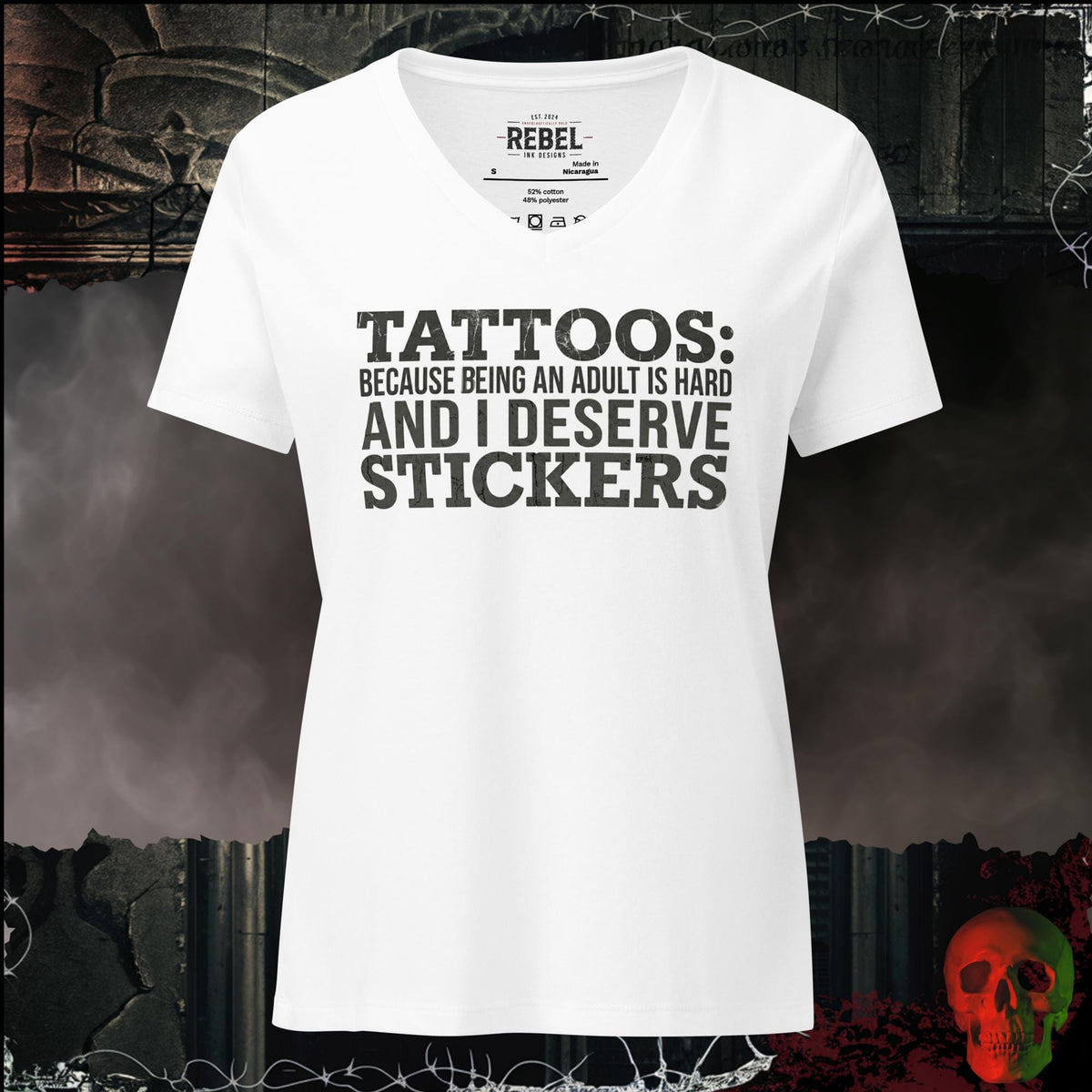 V-Neck Solid White Blend / S Tattoos Are Just Stickers V-Neck Tee | Rebel Ink Designs