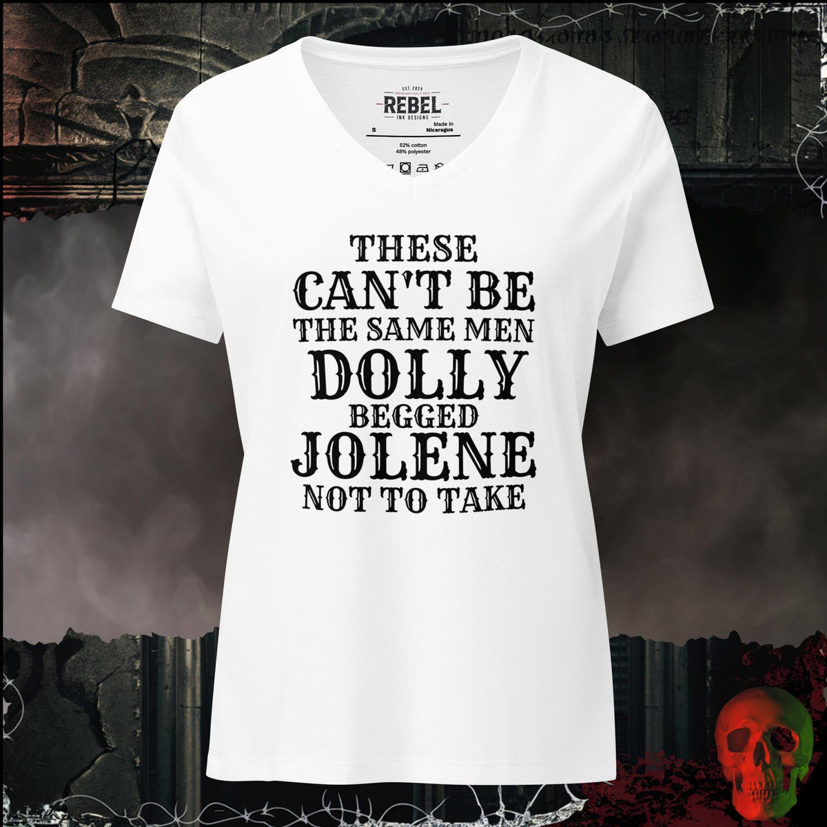 V-Neck Solid White Blend / S These Can't Be the Same Men Dolly Begged Jolene Not to Take Women's V-Neck Tee | Rebel Ink Designs