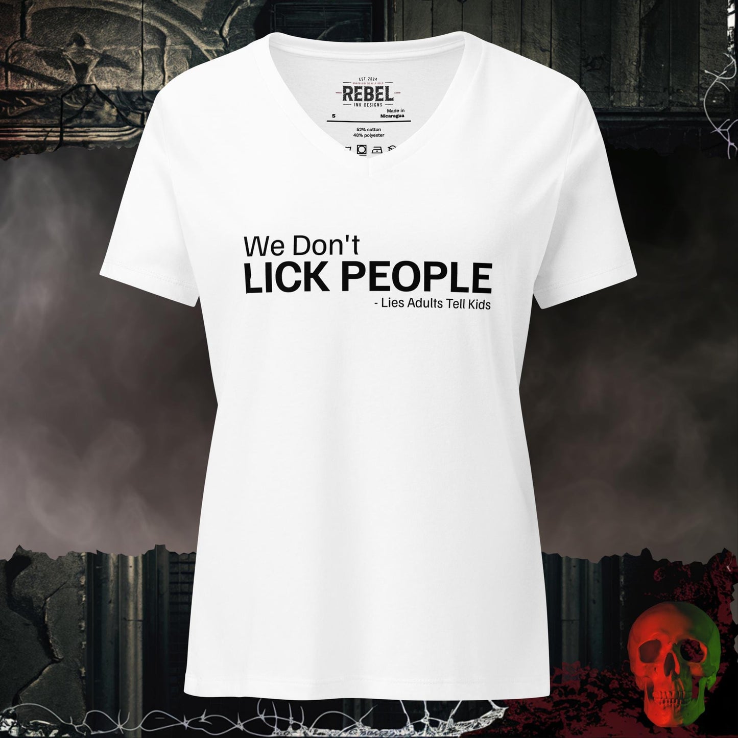 V-Neck Solid White Blend / S We Don't Lick People Relaxed V-Neck