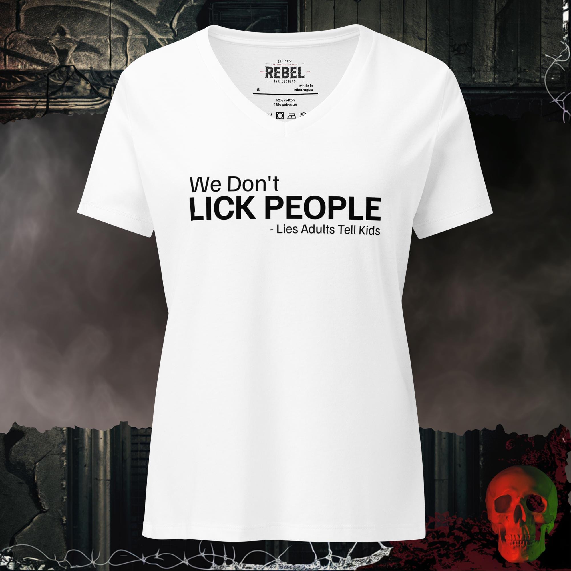 V-Neck Solid White Blend / S We Don't Lick People V-Neck Tee | Rebel Ink Designs