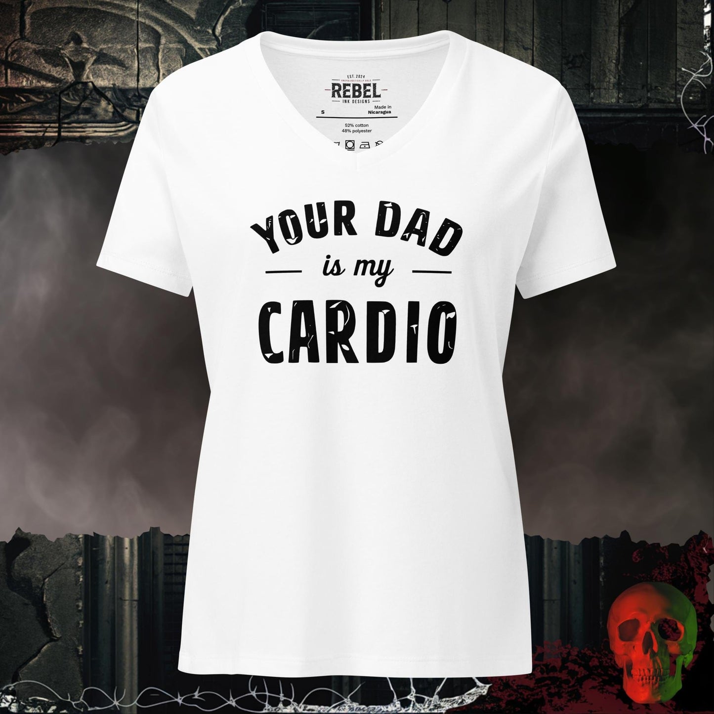 V-Neck Solid White Blend / S Your Dad Is My Cardio Relaxed V-Neck