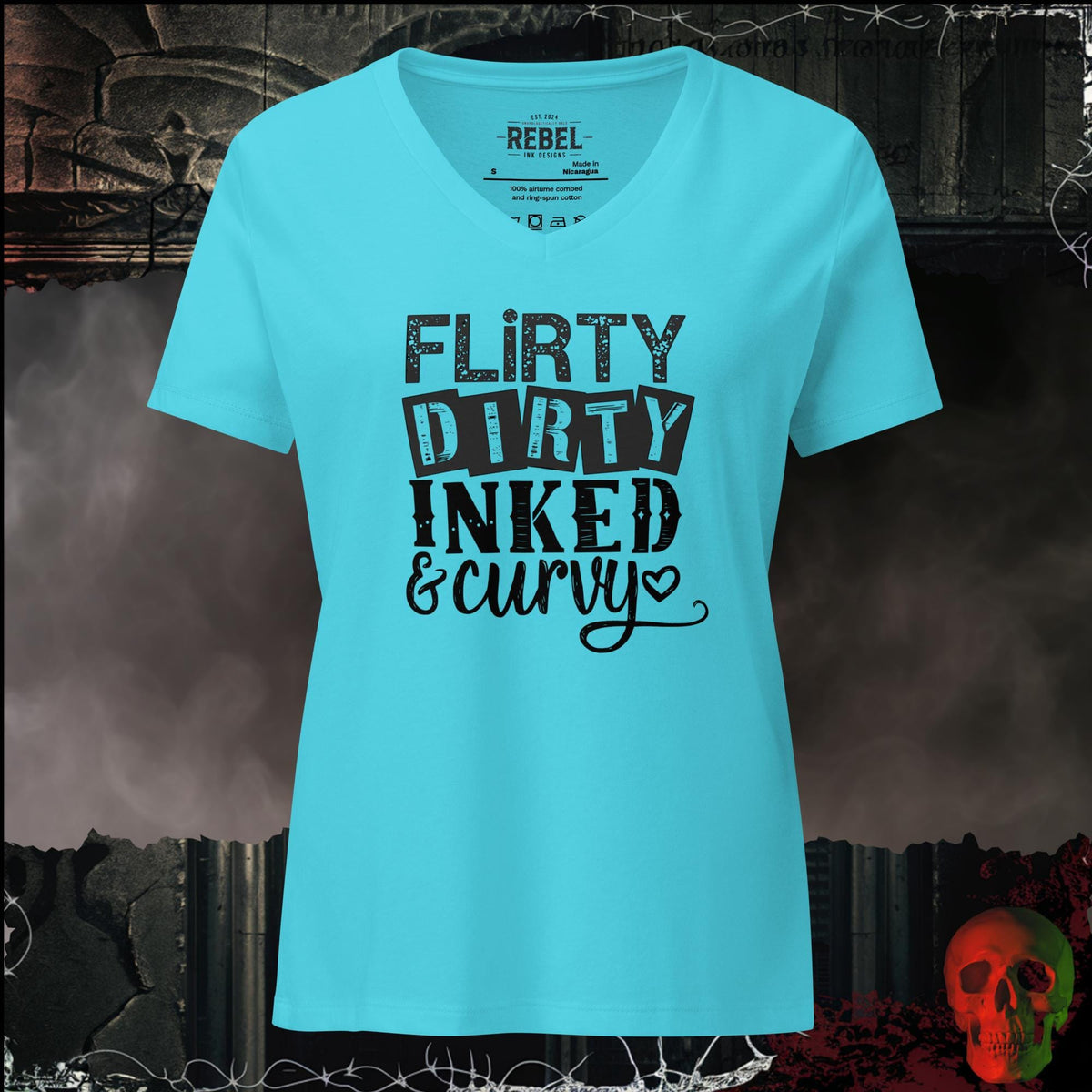 V-Neck Turquoise / S Flirty, Dirty, Inked & Curvy Women's V-Neck Tee | Rebel Ink Designs