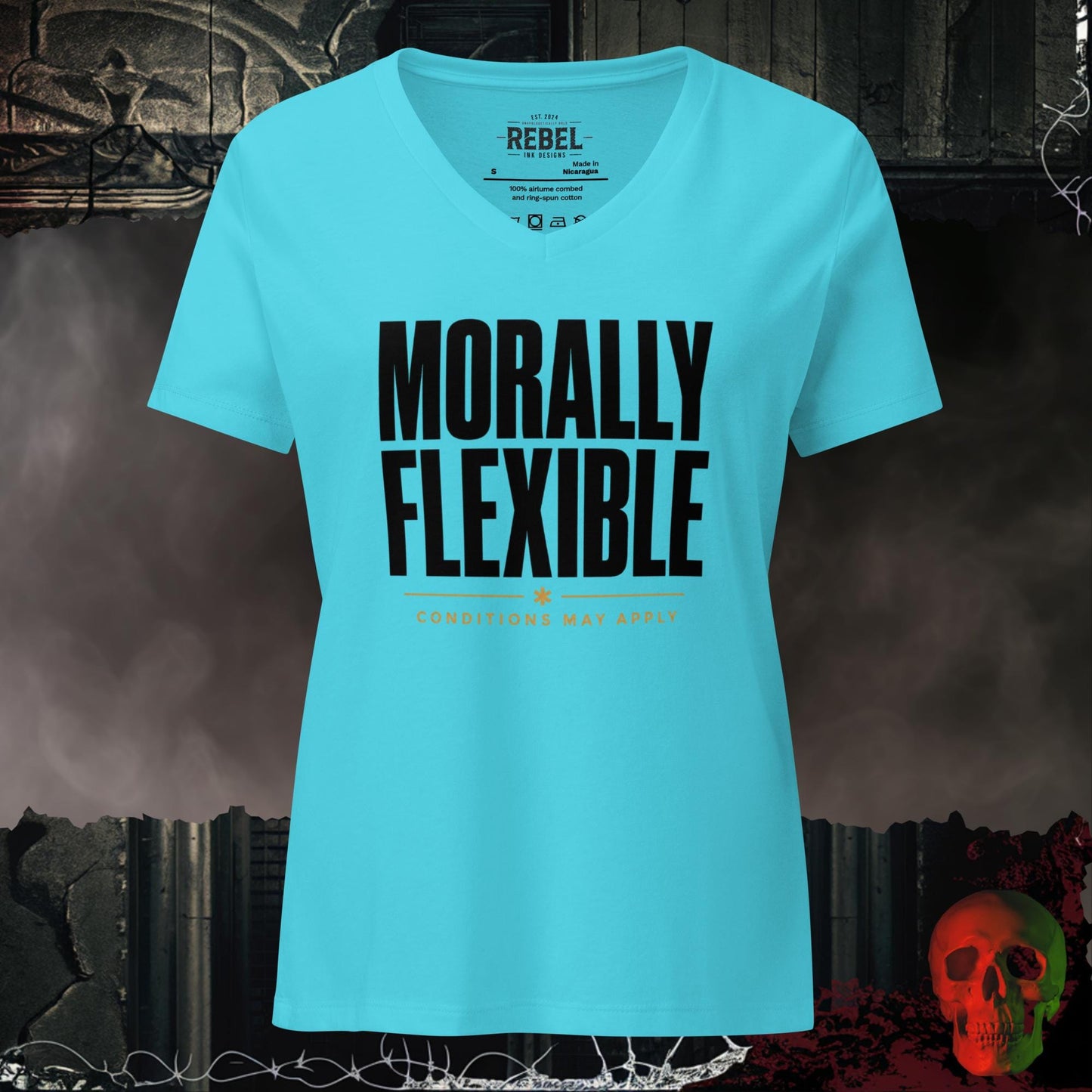 V-Neck Turquoise / S Morally Flexible V-Neck Bold Funny Statement Tee
