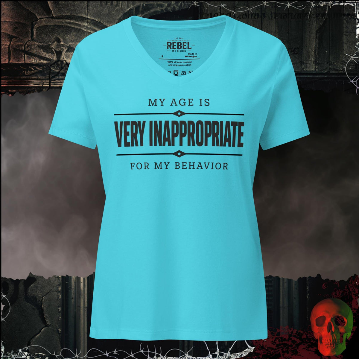 V-Neck Turquoise / S My Age Is Very Inappropriate for My Behavior Women's V-Neck Tee | Rebel Ink Designs